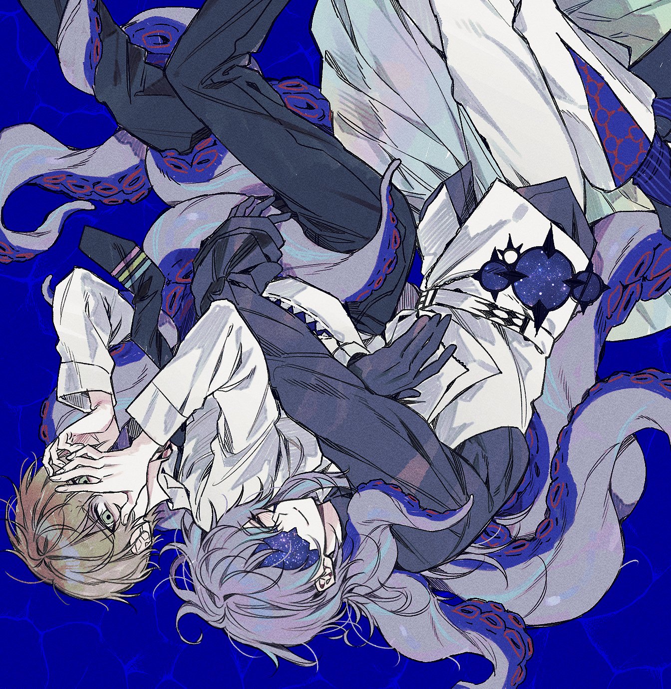 hoshirube sho, hoshirube sho (1st costume), nijisanji, virtual talent academy, commentary request, highres, korean commentary, 2boys, belt, black gloves, black necktie, black pants, black shirt, blue background, blue hair, brown hair, closed eyes, closed mouth, collared shirt, covering face, cracked skin, dual persona, eyelashes, gloves, green eyes, hair between eyes, hands up, hollow body, hug, iridescent clothes, long hair, long sleeves, looking at viewer, lying, male focus, multicolored hair, multiple boys, mummeo p, necktie, on side, pants, pleated skirt, purple hair, school uniform, shirt, short hair, side slit, skirt, smile, streaked hair, suction cups, tentacle hair, tentacles, upside-down, vest, virtual talent academy school uniform, virtual youtuber, white belt, white pants, white shirt, white vest