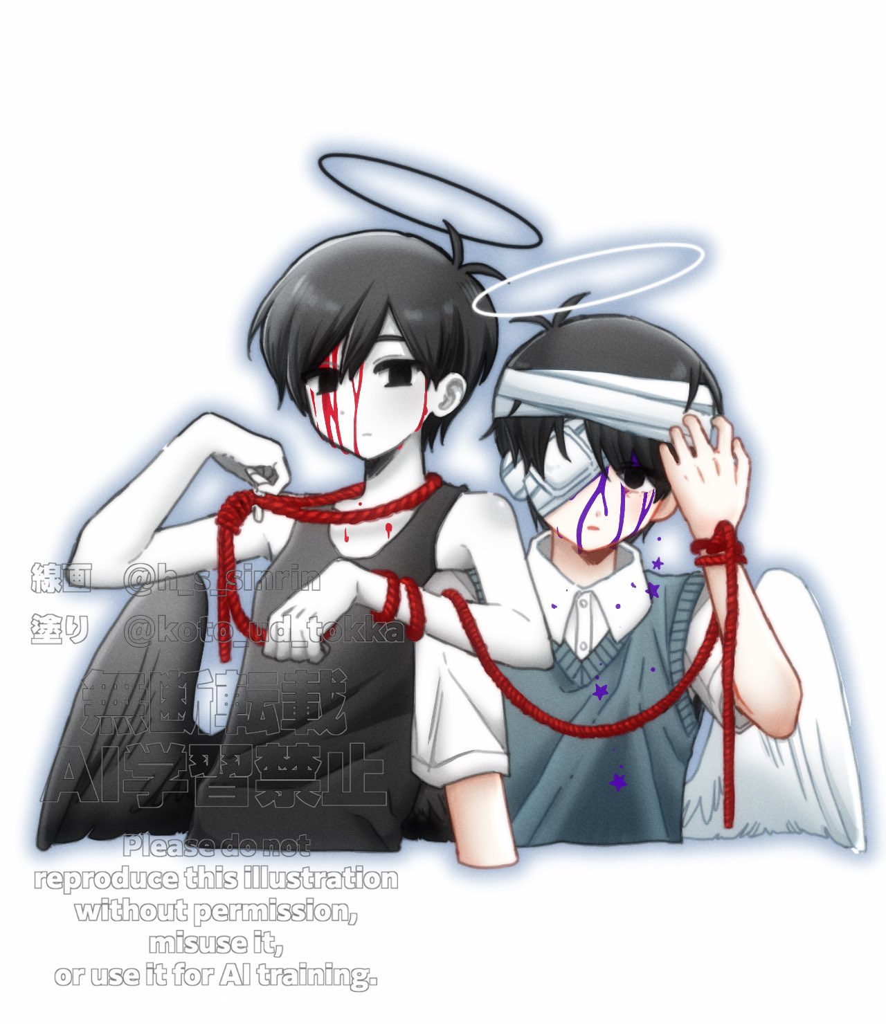 hisaho, rou (h s sinrin), omori (omori), sunny (hospital gown) (omori), sunny (omori), omori, artist collaboration, commentary request, highres, spoilers, 2boys, adapted costume, antenna hair, bandage over one eye, bandaged head, bandages, bare arms, bare shoulders, black eyes, black hair, black halo, black tank top, black wings, blood, blood from forehead, blood on face, blue blood, blue outline, blue sweater vest, closed mouth, collared shirt, colored skin, cropped torso, double-parted bangs, dual persona, empty eyes, feathered wings, hair behind ear, hair between eyes, halftone, halftone background, halo, looking at viewer, male focus, multiple boys, no pupils, outline, parted lips, shirt, short hair, short sleeves, simple background, star (symbol), sweater vest, swept bangs, tank top, very short hair, watermark, white background, white halo, white shirt, white skin, white wings, wings