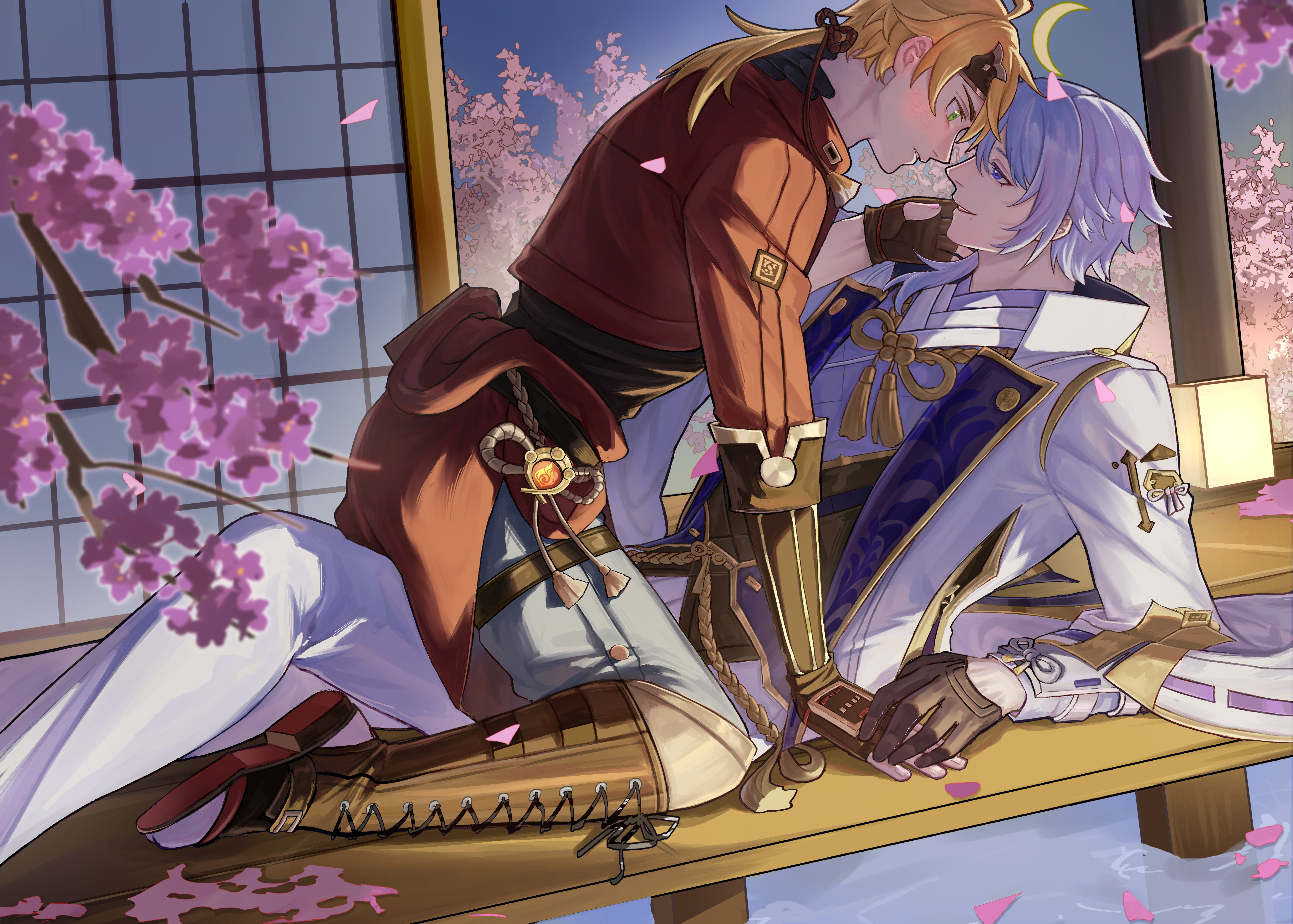 kamisato ayato, thoma (genshin impact), genshin impact, absurdres, chinese commentary, commentary request, highres, 2boys, agemaki knot, arm guards, black boots, black corset, black gloves, black headband, black shirt, blonde hair, blue eyes, blue hair, blush, boots, branch, cherry blossoms, coat, contrast lapels, corset, crescent moon, cropped jacket, eye contact, face-to-face, fake horns, fingerless gloves, from side, gloves, gold trim, green eyes, grey pants, hair between eyes, hair over shoulder, hair ribbon, half gloves, hand on another's cheek, hand on another's face, hand on another's neck, hand up, headband, holding hands, horned headwear, horns, imminent kiss, jacket, knee boots, knee up, lace-up boots, lalirit, lapels, long sleeves, looking at another, low ponytail, male focus, medium hair, mole, mole under mouth, moon, multiple boys, night, open-toe boots, pants, parted lips, petals, petals on liquid, ponytail, popped collar, profile, purple shirt, red jacket, red ribbon, ribbon, ribbon-trimmed sleeves, ribbon trim, shirt, sitting, sitting on person, smile, straddling, tailcoat, tassel, thigh straddling, thigh strap, vision (genshin impact), waist cape, water, white coat, white pants, yaoi