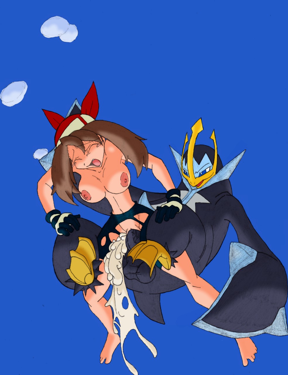 frontierbrain, empoleon, haruka (pokemon), pokemon, highres, asphyxiation, bestiality, breasts, brown hair, closed eyes, cum, cum in pussy, drowning, large breasts, nipples, penis, rape, sex, torn clothes, underwater