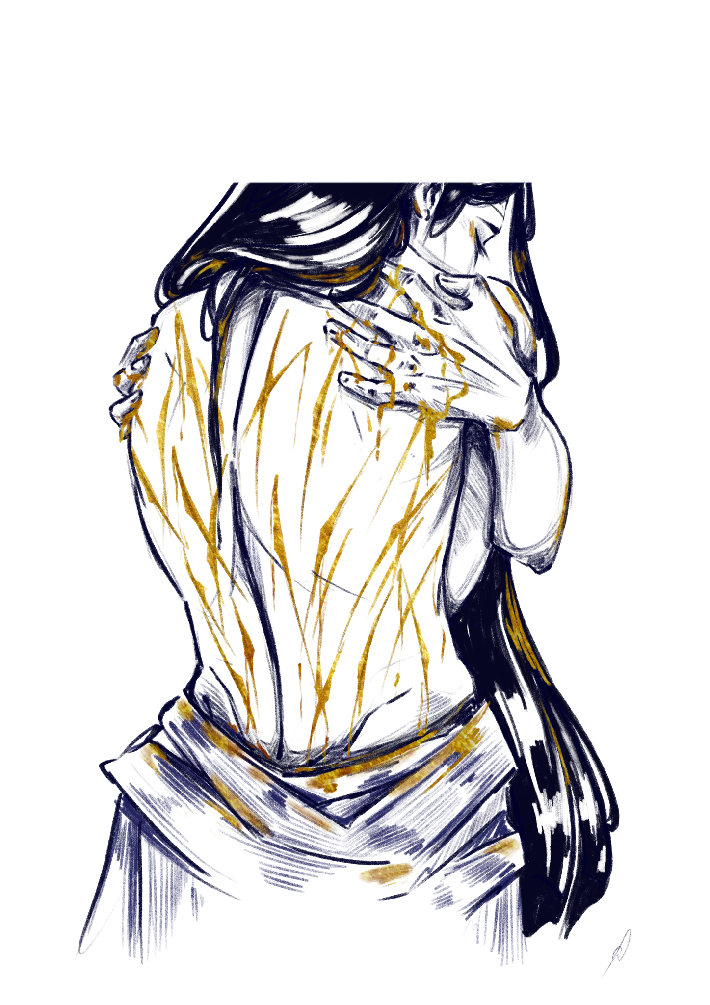 lan wangji, modao zushi, commentary, english commentary, highres, 1boy, alifreeart, black hair, blood, blood in hair, blood on back, blood on clothes, blood on hands, border, chinese clothes, dripping, eyeliner, gold, gold blood, hanfu, high contrast, long hair, looking down, makeup, male focus, monochrome, multiple scars, partially undressed, scar, scar on back, self hug, simple background, solo, upper body, very long hair, white background, white border, white hanfu