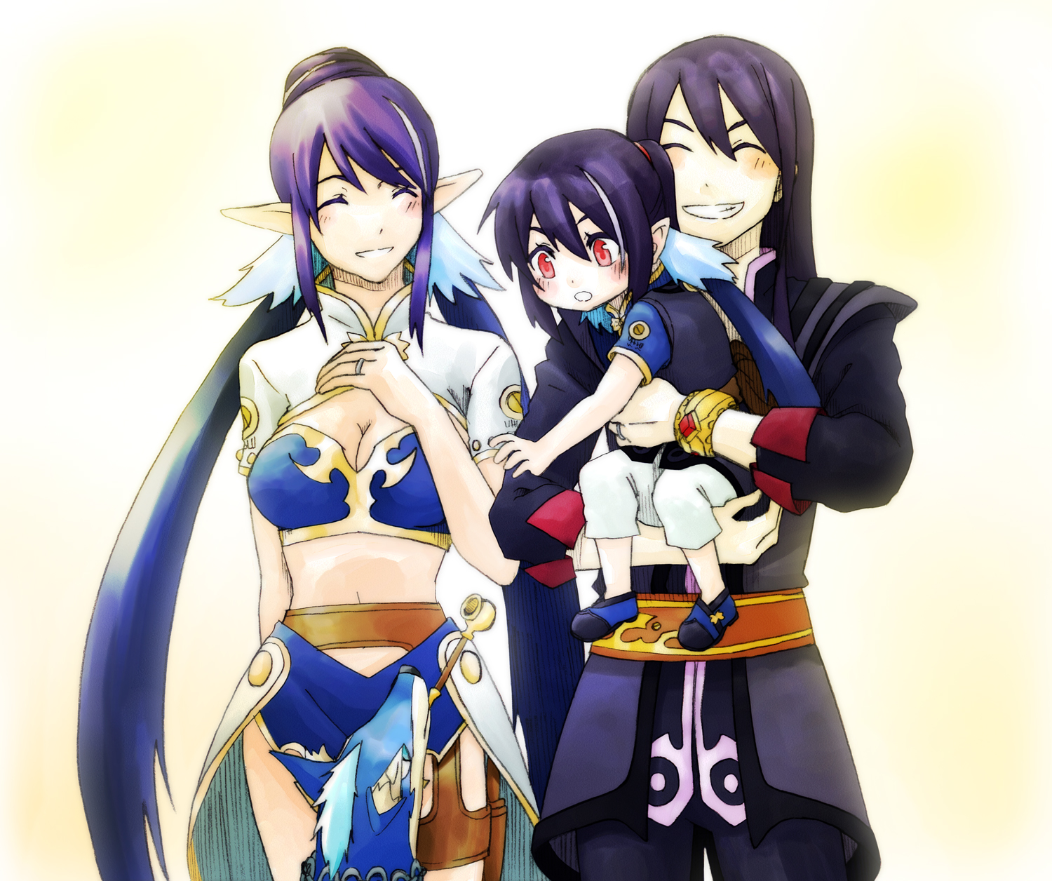 mizu no karuki, judith (tales), repede (tales), yuri lowell, tales of (series), tales of vesperia, bad id, bad pixiv id, highres, 00s, 1boy, 1girl, androgynous, black hair, blue hair, family, husband and wife, if they mated, jewelry, pointy ears, ring, wedding band, wedding ring