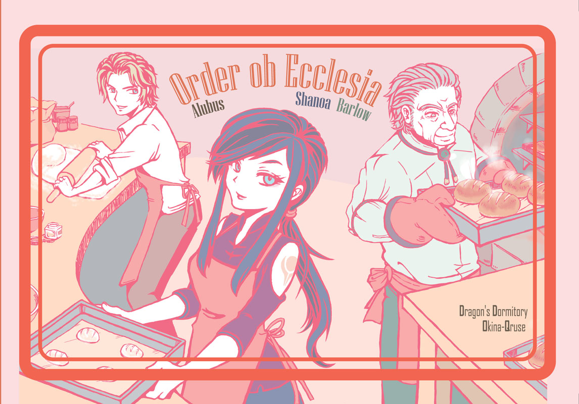 dragonrose, albus, albus (castlevania), barlowe, shanoa (castlevania), castlevania: order of ecclesia, castlevania (series), bad id, bad pixiv id, 1girl, 2boys, apron, baking, blonde hair, blue eyes, bread, english text, engrish text, food, grey hair, happy, indoors, long hair, looking at viewer, multiple boys, ponytail, ranguage, smile, tattoo