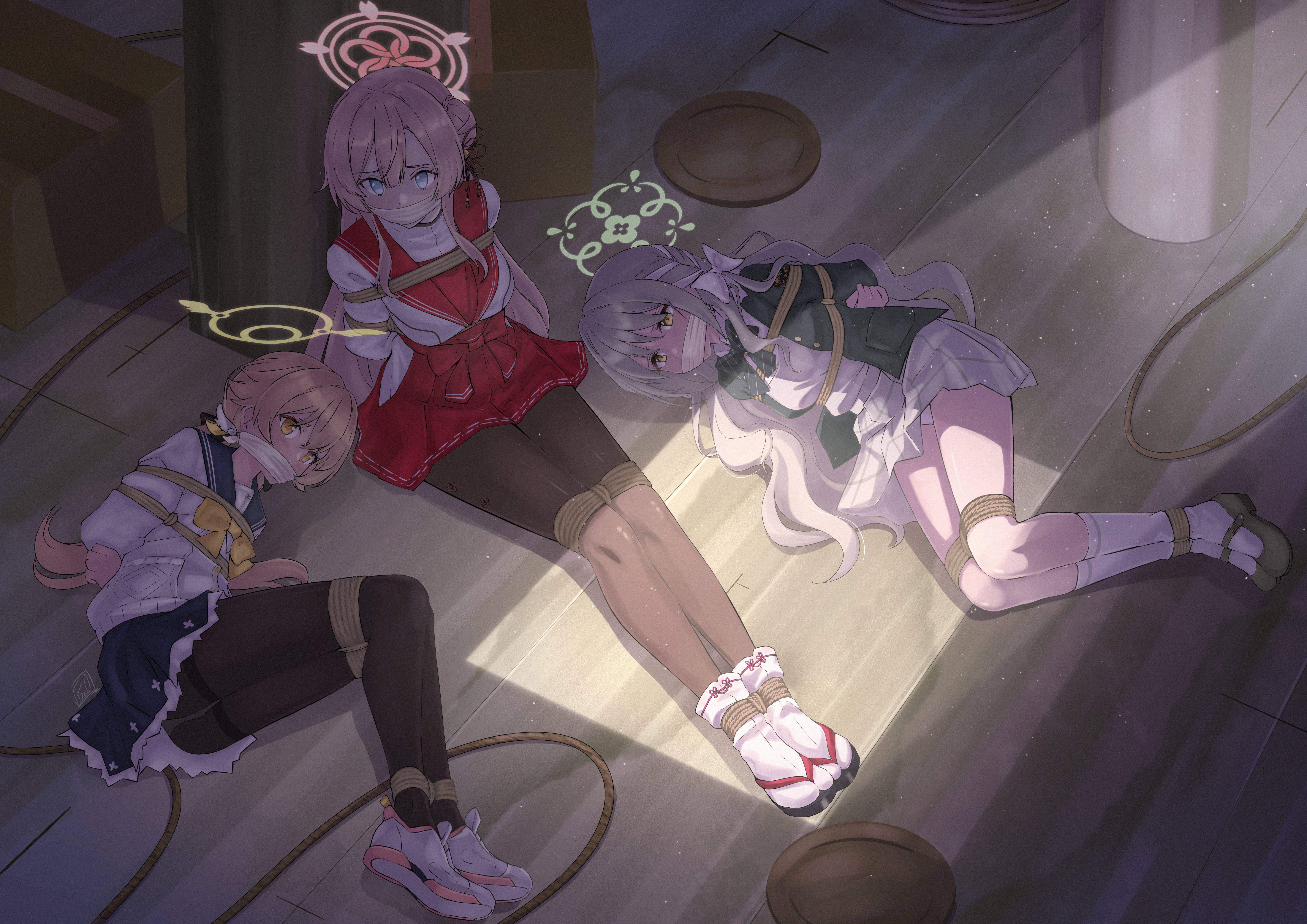 vakaosciosa, hifumi (blue archive), mimori (blue archive), miyo (blue archive), blue archive, absurdres, commentary, commission, english commentary, highres, pixiv commission, 3girls, arms behind back, bdsm, black pantyhose, black sandals, blonde hair, blue eyes, bondage, bound, bound ankles, bound arms, bound legs, bound torso, bound wrists, bow, bowtie, box tie, braid, breasts, brown pantyhose, cloth gag, diagonal-striped bow, flower halo, gag, gagged, green bow, green bowtie, green halo, green jacket, grey skirt, hair bow, hair bun, hair ribbon, hakama, hakama short skirt, hakama skirt, halo, improvised gag, jacket, japanese clothes, kneehighs, large breasts, long hair, low twintails, mary janes, miniskirt, multiple girls, pantyhose, pink hair, pink halo, red hakama, restrained, ribbon, ribbon braid, rope, sailor collar, sandals, school uniform, shibari, shibari over clothes, shoes, single side bun, skirt, small breasts, socks, striped bow, tabi, thighband pantyhose, twintails, white bow, white socks, wild hunt academy of arts logo, yellow bow, yellow bowtie, yellow eyes, yellow halo