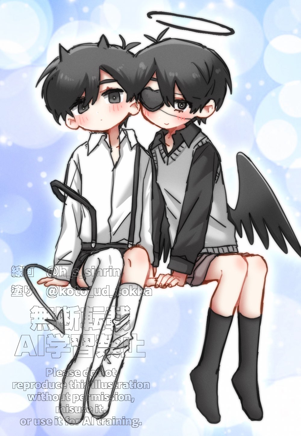 hisaho, rou (h s sinrin), omori (omori), sunny (omori), omori, artist collaboration, commentary request, highres, 2boys, alternate costume, alternate sleeve length, angel and devil, angel wings, asymmetrical legwear, black eyes, black hair, black halo, black shirt, black shorts, black socks, black wings, blue background, blush, closed mouth, collarbone, collared shirt, demon boy, demon horns, demon tail, dot mouth, double-parted bangs, dual persona, empty eyes, expressionless, eyebrows hidden by hair, eyepatch, feathered wings, fingernails, full body, grey shorts, hair behind ear, hair between eyes, halftone, halo, heads together, heart, heart eyepatch, horns, invisible chair, kneehighs, knees together feet apart, light particles, long sleeves, male focus, multiple boys, no pupils, one eye covered, outline, pale skin, puffy long sleeves, puffy sleeves, shirt, short hair, shorts, simple background, single kneehigh, single sock, single thighhigh, sitting, smile, socks, suspender shorts, suspenders, sweater vest, tail, thighhighs, very short hair, watermark, white outline, white shirt, white socks, white sweater vest, white tail, white thighhighs, wings