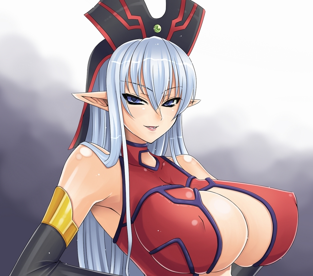 kami koppu, ruin, queen of oblivion, yu-gi-oh!, breasts, center opening, cleavage, duel monster, elbow gloves, gloves, grey hair, huge breasts, nipples, pointy ears, smile