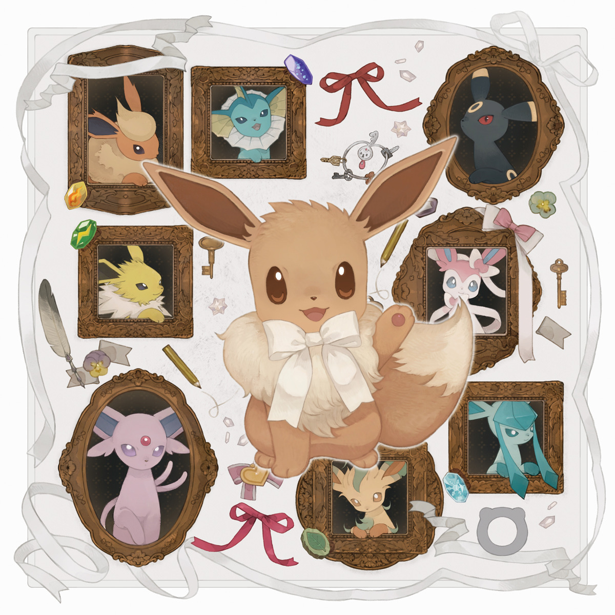 eevee, espeon, flareon, glaceon, jolteon, klefki, leafeon, sylveon, umbreon, vaporeon, nintendo, pokemon, highres, official art, bow, evolution stone, evolutionary stone, fire stone, gen 1 pokemon, gen 2 pokemon, gen 4 pokemon, gen 6 pokemon, ice stone, key, leaf stone, neck ribbon, no humans, pencil, pokemon (creature), red ribbon, ribbon, thunder stone, water stone, white background, white bow, white ribbon