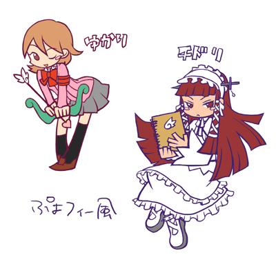 oyuyamio, takeba yukari, yoshino chidori, atlus, bemani, madou monogatari, persona, persona 3, pop'n music, puyopuyo, puyopuyo fever, shin megami tensei, lowres, 2girls, armband, arrow (projectile), bow (weapon), dress, gothic lolita, hairband, lolita fashion, lolita hairband, multiple girls, parody, shiro lolita, style parody, weapon
