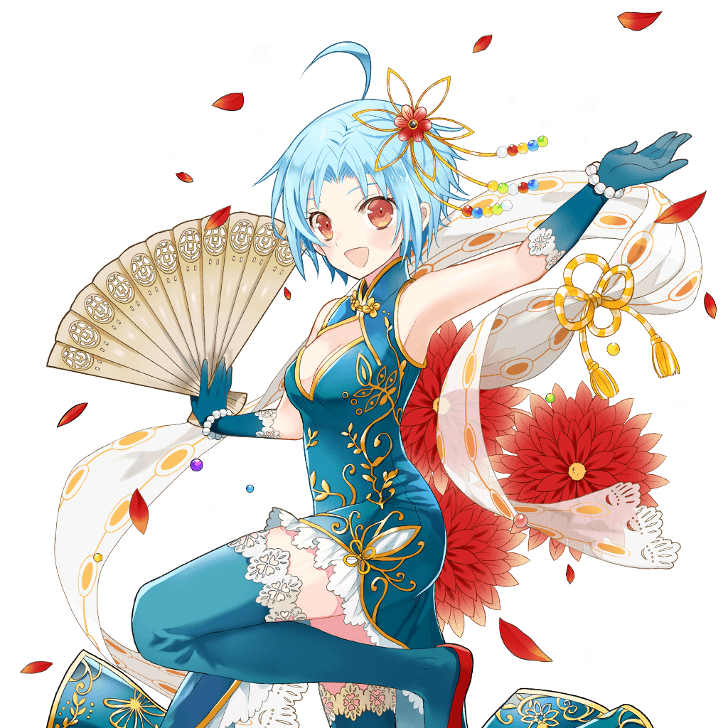 merueto, uchi no hime-sama ga ichiban kawaii, 1girl, aqua gloves, aqua thighhighs, armpits, bare shoulders, blue hair, china dress, chinese clothes, cleavage cutout, clothing cutout, dress, flower, gloves, hair ornament, hand fan, holding, holding fan, open mouth, orange eyes, red flower, red shoes, sapphire (uchihime), shoes, short hair, thighhighs