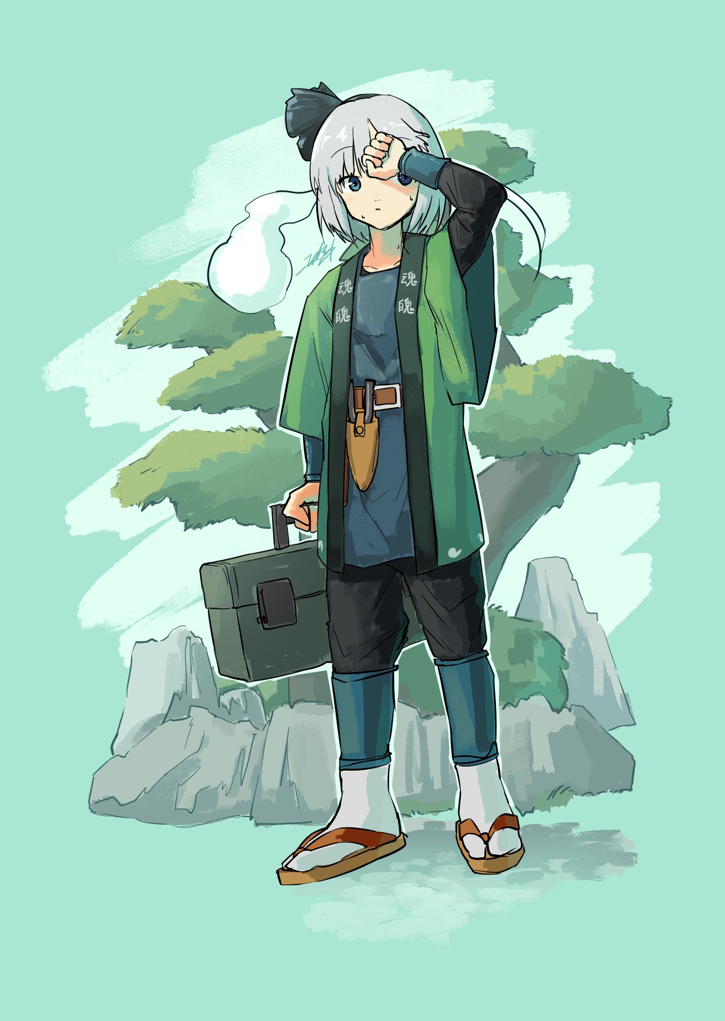 doggo 1d34, konpaku youmu, konpaku youmu (ghost), touhou, commentary request, highres, translation request, 1girl, alternate costume, belt, black hairband, black pants, blue eyes, brown belt, closed mouth, green robe, grey hair, hairband, hitodama, holding, open clothes, open robe, pants, robe, sandals, socks, solo, sweat, tree, white socks, youmu day