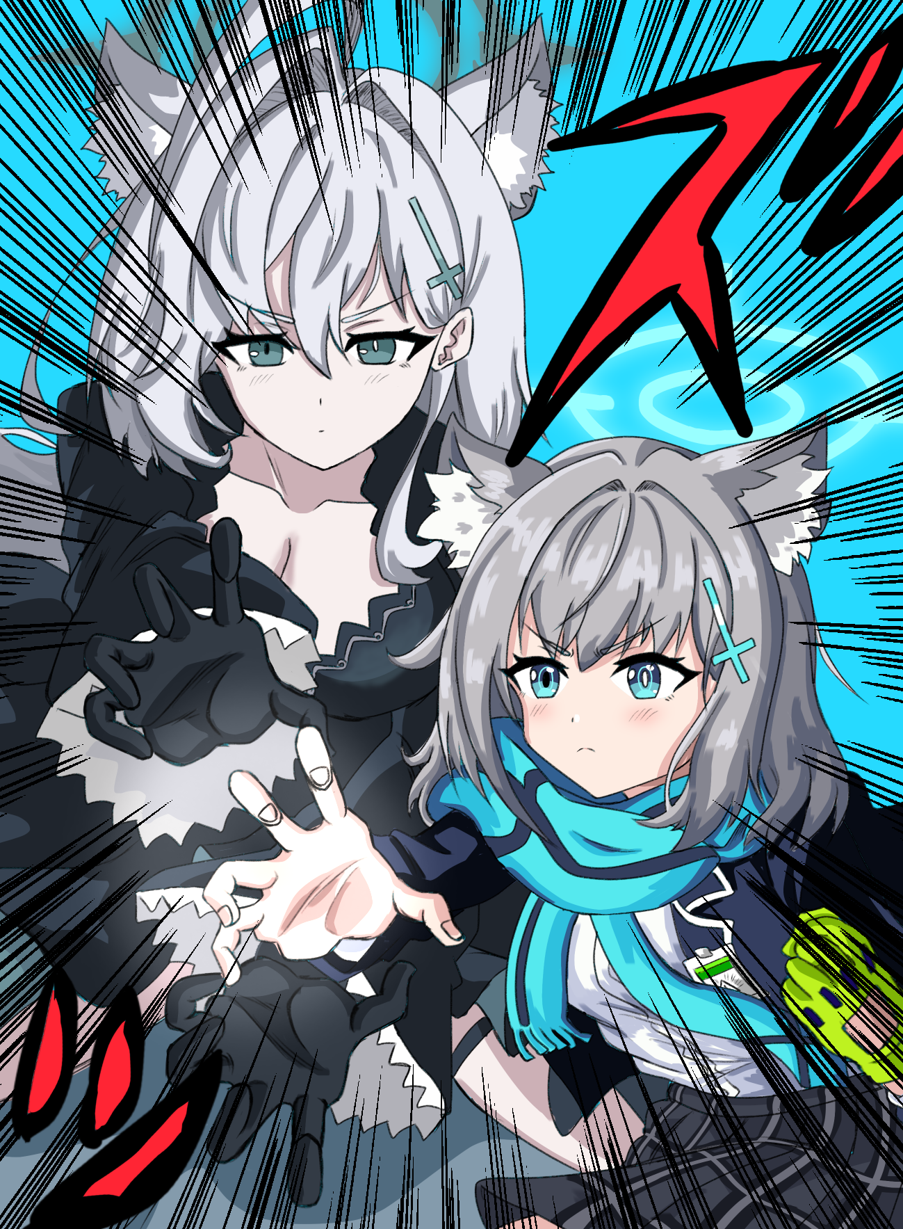 shiroko (blue archive), shiroko terror (blue archive), blue archive, dragon ball, dragonball z, commentary request, highres, >:(, 2girls, ahoge, animal ear fluff, animal ears, black dress, black gloves, black halo, black skirt, blue background, blue eyes, blue halo, blue scarf, blush, breasts, bright pupils, cleavage, clenched hand, closed mouth, collarbone, cross hair ornament, dress, emphasis lines, extra ears, father-son kamehameha, frilled sleeves, frills, fringe trim, frown, gloves, green gloves, grey hair, hair behind ear, hair intakes, hair ornament, halo, huge ahoge, incoming attack, kamehameha (dragon ball), large breasts, long hair, long sleeves, looking at viewer, medium hair, miniskirt, mismatched pupils, multiple girls, open hand, parody, plaid clothes, plaid skirt, scarf, school uniform, serious, shirt, simple background, single glove, skirt, slit pupils, sound effects, split mouth, user kxuc8475, v-shaped eyebrows, white pupils, white shirt, wide sleeves, wolf ears, wolf girl