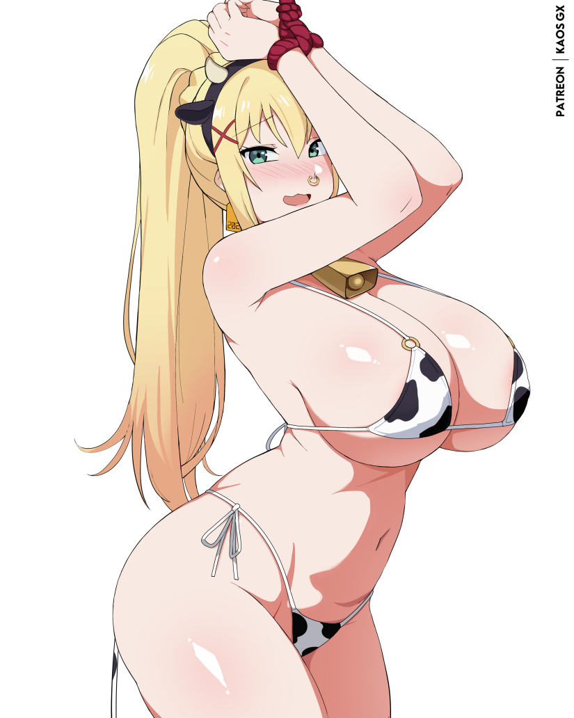 kaos art, darkness (konosuba), kono subarashii sekai ni shukufuku wo!, commentary, english commentary, 1girl, :d, animal ear hairband, animal ears, animal print, aqua eyes, bell, bikini, blonde hair, blush, bound, bound wrists, breasts, cow ears, cow horns, cow print, cow print bikini, cow tail, cowbell, face piercing, fake animal ears, fake horns, hairband, horns, huge breasts, large breasts, micro bikini, navel, neck bell, nose piercing, nose ring, open mouth, piercing, print bikini, simple background, smile, solo, swimsuit, tail, white background