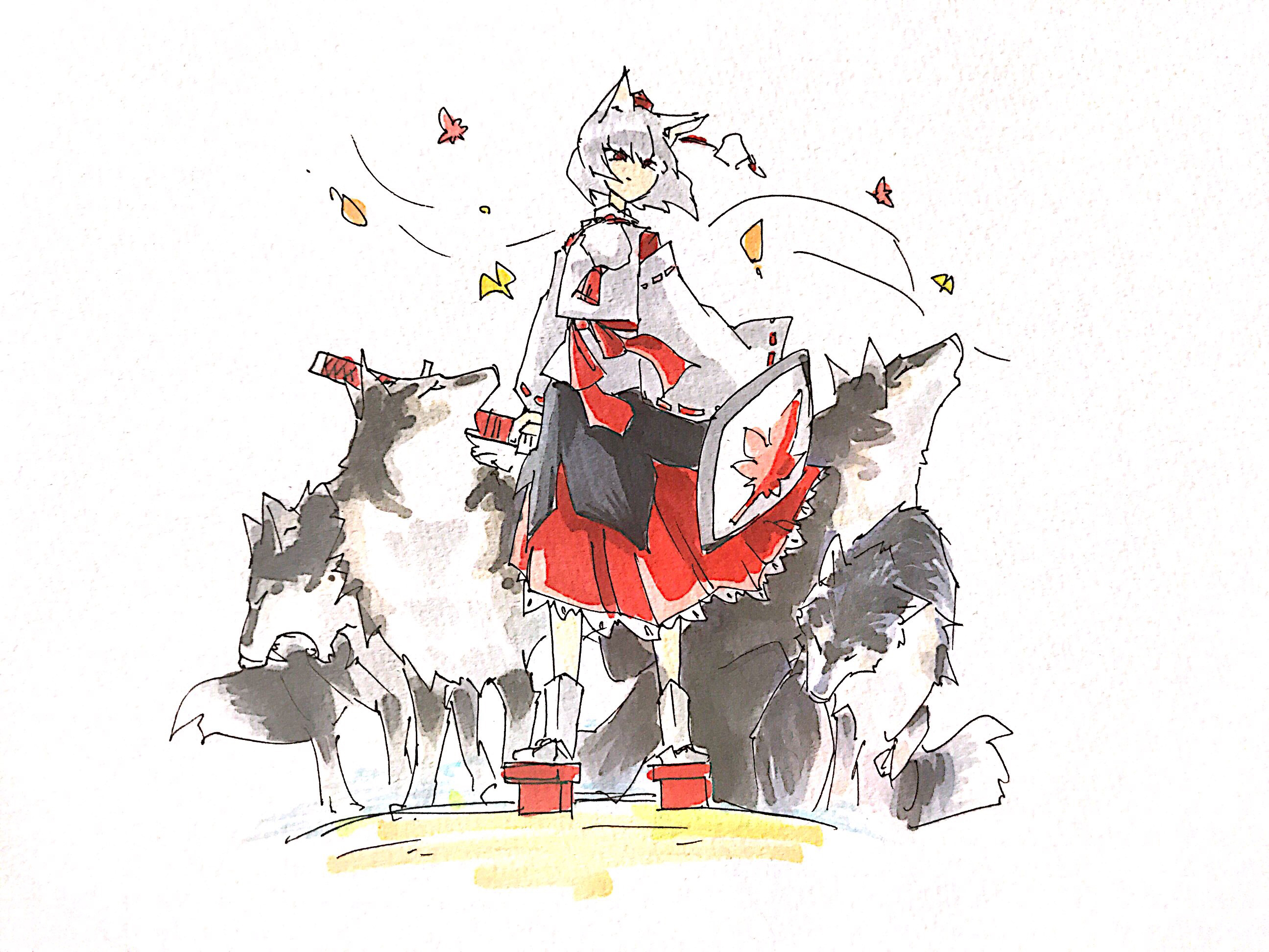 doggo 1d34, inubashiri momiji, touhou, commentary request, highres, 1girl, animal ears, autumn leaves, detached sleeves, falling leaves, full body, geta, grey hair, hat, holding, holding shield, holding sword, holding weapon, leaf, one-hour drawing challenge, pom pom (clothes), red eyes, red hat, red sandals, sandals, shield, socks, solo, sword, tail, tengu-geta, tokin hat, weapon, white socks, wolf, wolf ears, wolf girl, wolf tail