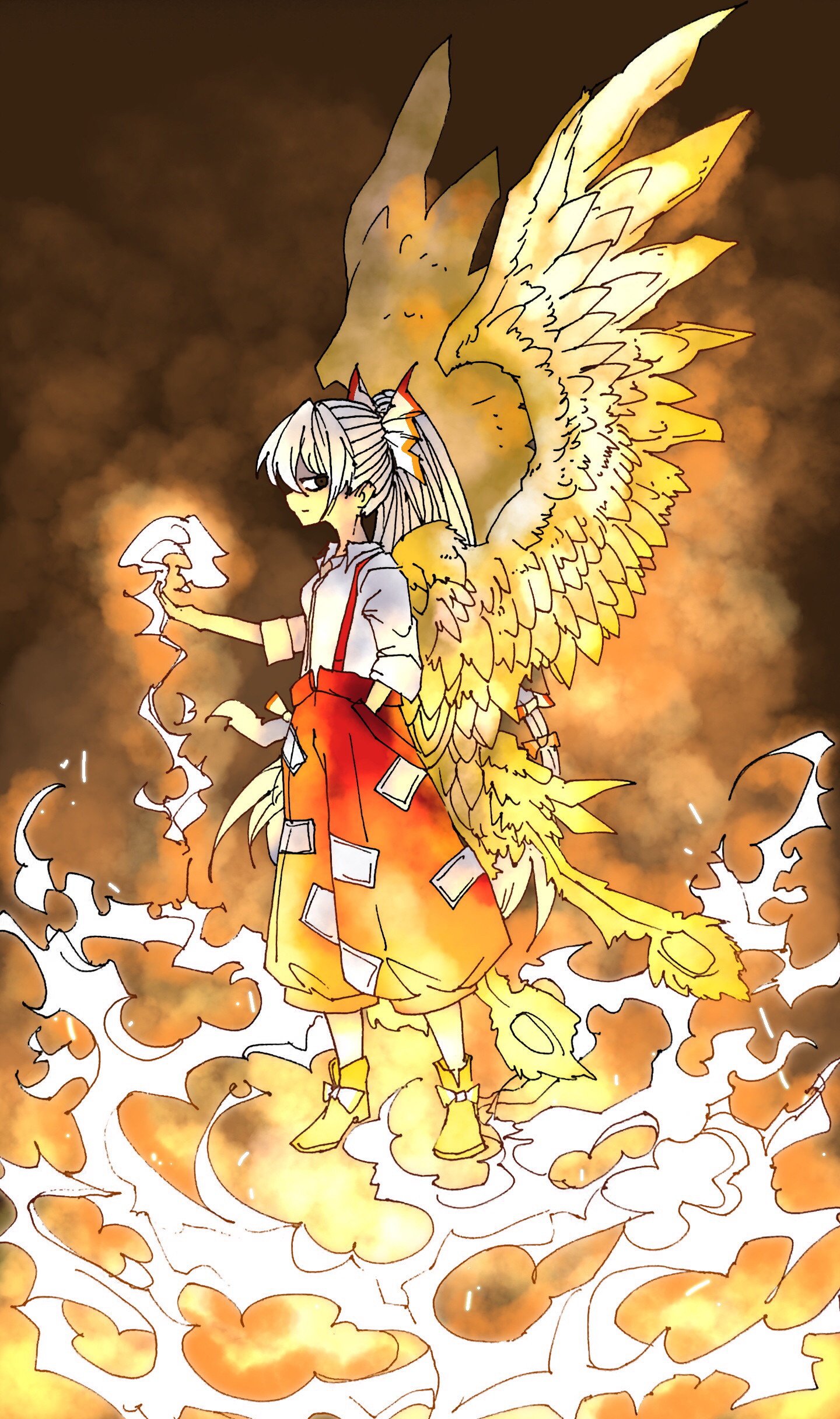 doggo 1d34, fujiwara no mokou, touhou, absurdres, commentary request, highres, 1girl, boots, bow, closed mouth, feathered wings, fiery tail, fiery wings, fire, full body, grey hair, hair bow, hand in pocket, long hair, looking at viewer, ofuda, ofuda on clothes, one-hour drawing challenge, pants, pyrokinesis, red eyes, red pants, shirt, sleeves rolled up, solo, suspenders, tail, very long hair, white shirt, wings