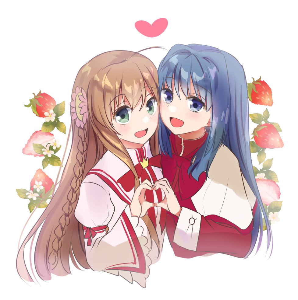 kurage (kurage19), kanbe kotori, minase nayuki, kanon, key (company), rewrite, commentary request, 2girls, :d, ahoge, blue eyes, blue hair, blunt ends, blush, bow, bowtie, braid, brown hair, capelet, company connection, crossover, crown, dress, flower, food, frilled sleeves, frills, fruit, green eyes, hair between eyes, hair flower, hair intakes, hair ornament, hand up, happy, heart, heart hands, heart hands duo, juliet sleeves, leaf, long hair, long sleeves, looking at viewer, mini crown, multiple girls, open mouth, pink dress, pink flower, puffy sleeves, red bow, red bowtie, red dress, school uniform, side braid, sidelocks, simple background, smile, straight hair, strawberry, strawberry slice, very long hair, white background, white capelet, white flower, wide sleeves
