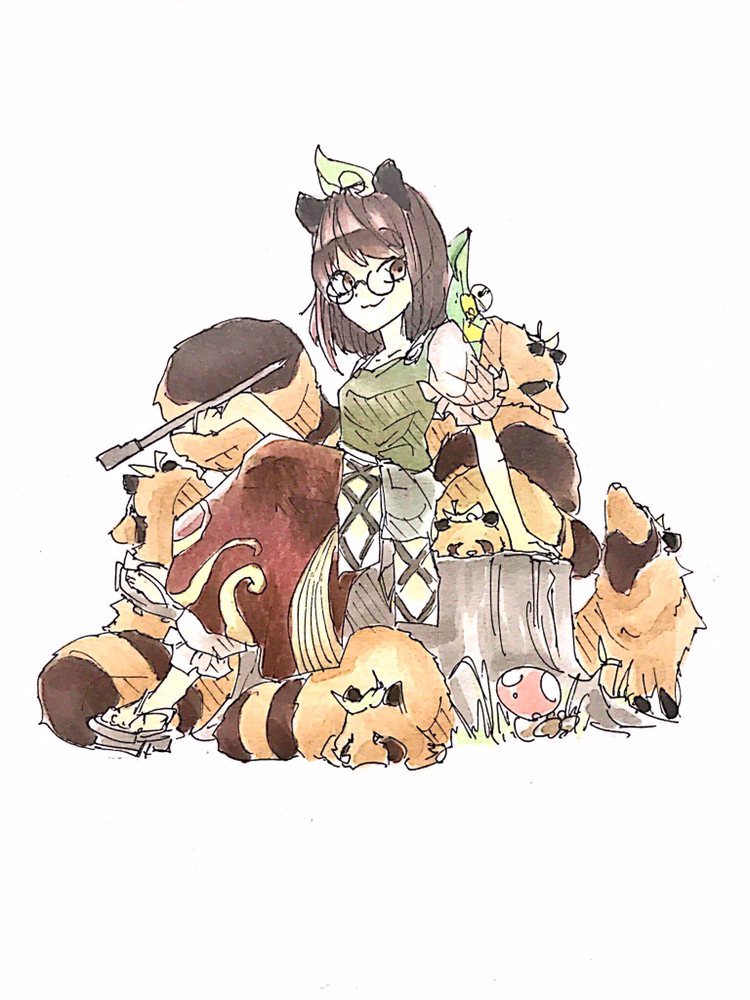 doggo 1d34, futatsuiwa mamizou, touhou, commentary request, 1girl, animal ears, brown eyes, brown hair, crossed legs, geta, glasses, green shirt, hat, hat bell, kiseru, leaf, leaf on head, on tree stump, one-hour drawing challenge, puffy short sleeves, puffy sleeves, raccoon ears, raccoon girl, raccoon tail, red skirt, shirt, short sleeves, simple background, sitting, skirt, smoking pipe, solo, tail, tanuki, white background