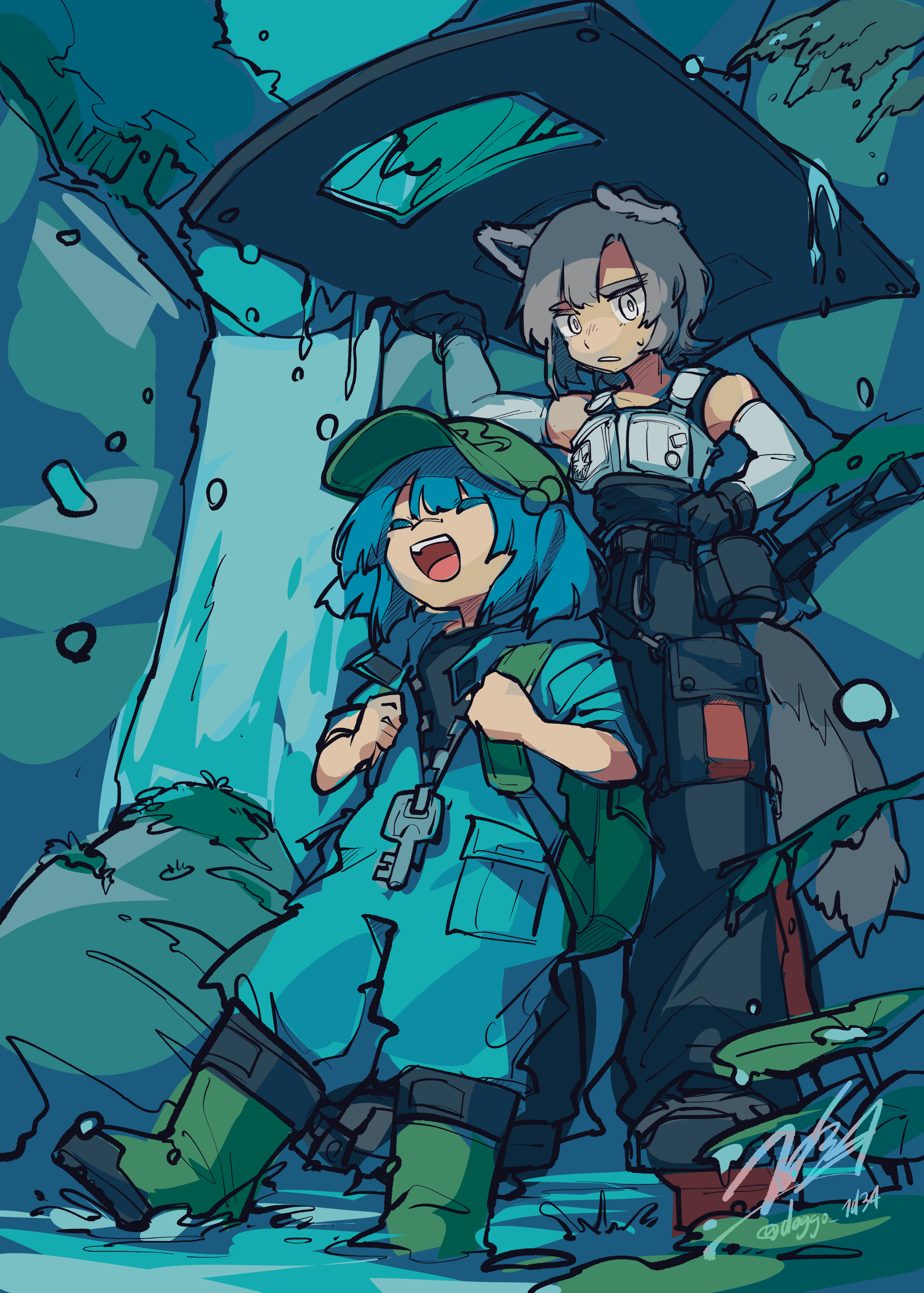 doggo 1d34, inubashiri momiji, kawashiro nitori, touhou, absurdres, commentary request, highres, unfinished, 2girls, alternate costume, animal ears, backpack, bag, black gloves, black pants, blue hair, boots, closed eyes, gloves, green boots, green hat, grey eyes, grey hair, hair bobbles, hair ornament, hat, holding, holding shield, medium hair, multiple girls, open mouth, pants, red sandals, sandals, shield, short hair, signature, sleeves rolled up, tail, teeth, upper teeth only, vest, water, waterfall, white vest, wolf ears, wolf girl, wolf tail