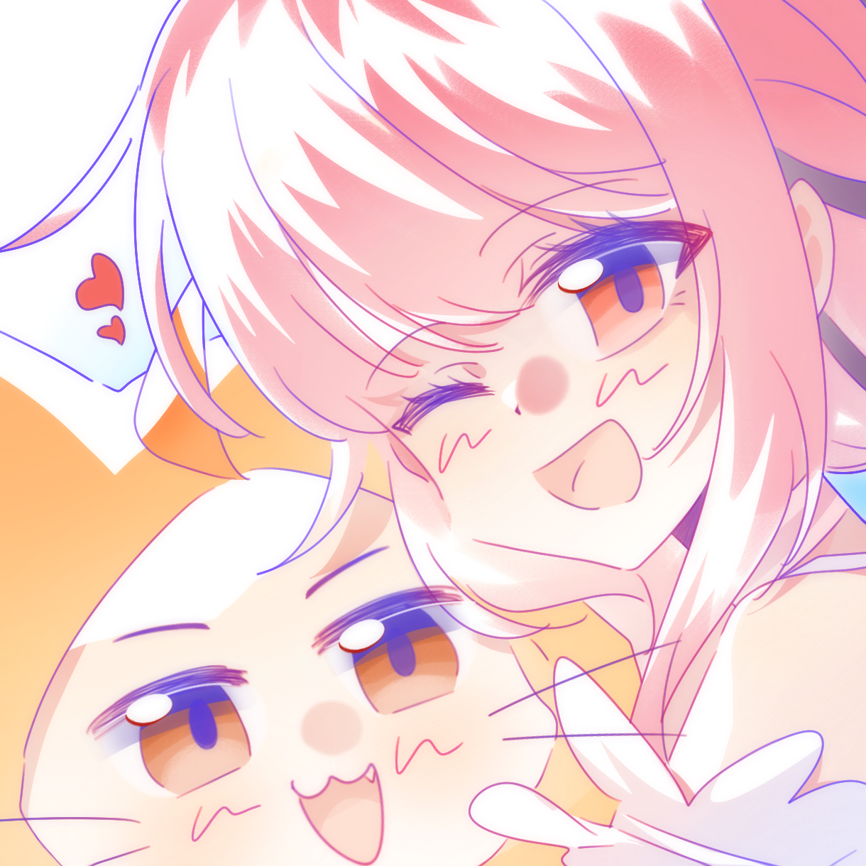 momo (nikki), nikki (nikki), perfect start (infinity nikki), infinity nikki, nikki (series), chinese commentary, commentary request, highres, 1girl, animal, blush, bra strap, cat, cloak, close-up, clothed animal, dot nose, ear covers, eyelashes, fang, frilled shirt, frills, happy, heart, hood, hood up, hooded cloak, hug, long hair, off-shoulder shirt, off shoulder, one eye closed, open mouth, pink hair, shimochabushimocha, shirt, sidelocks, simple background, smile, speech bubble, spoken heart, upper body, whiskers, white background, white cat, white shirt, yellow cloak