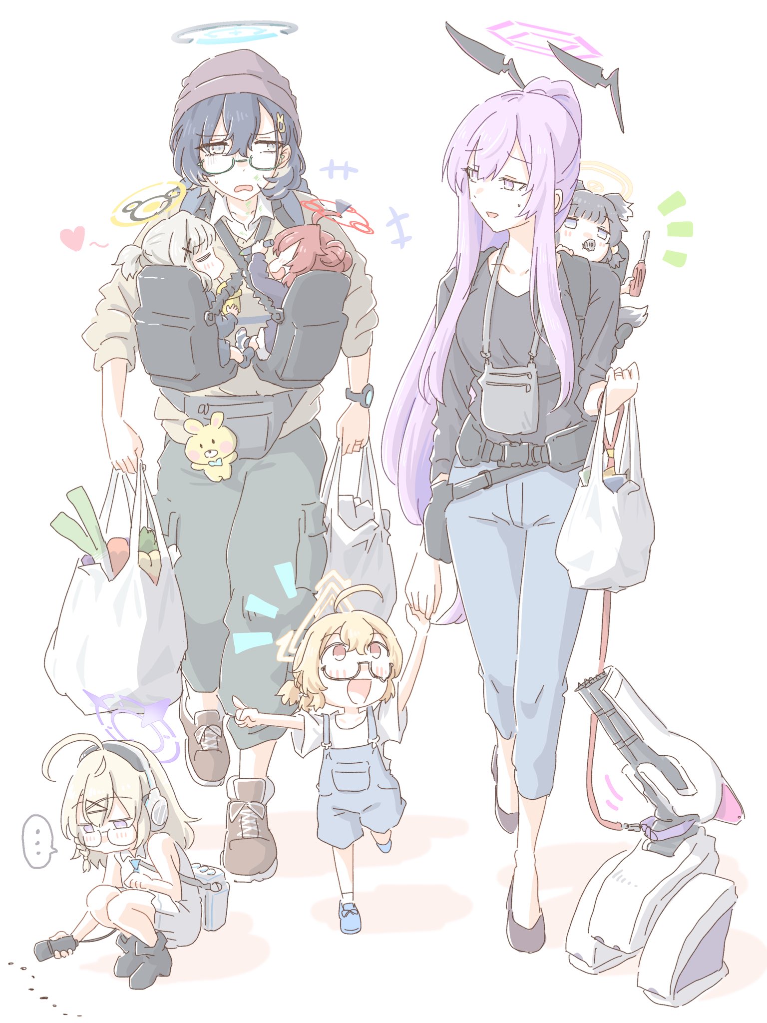 hariyaa, chihiro (blue archive), hare (blue archive), hibiki (blue archive), kotama (blue archive), kotori (blue archive), maki (blue archive), utaha (blue archive), blue archive, commentary request, highres, 6+girls, aged down, ahoge, alternate costume, alternate hairstyle, animal ears, baby, baby carry, black hair, blonde hair, blush, carrying, carrying baby, carrying person, dog ears, dog girl, glasses, green eyes, grey hair, hair between eyes, hair ornament, halo, headgear, holding, long hair, long sleeves, multiple girls, open mouth, ponytail, purple eyes, purple hair, purple halo, red hair, red halo, semi-rimless eyewear, short hair, smile, under-rim eyewear