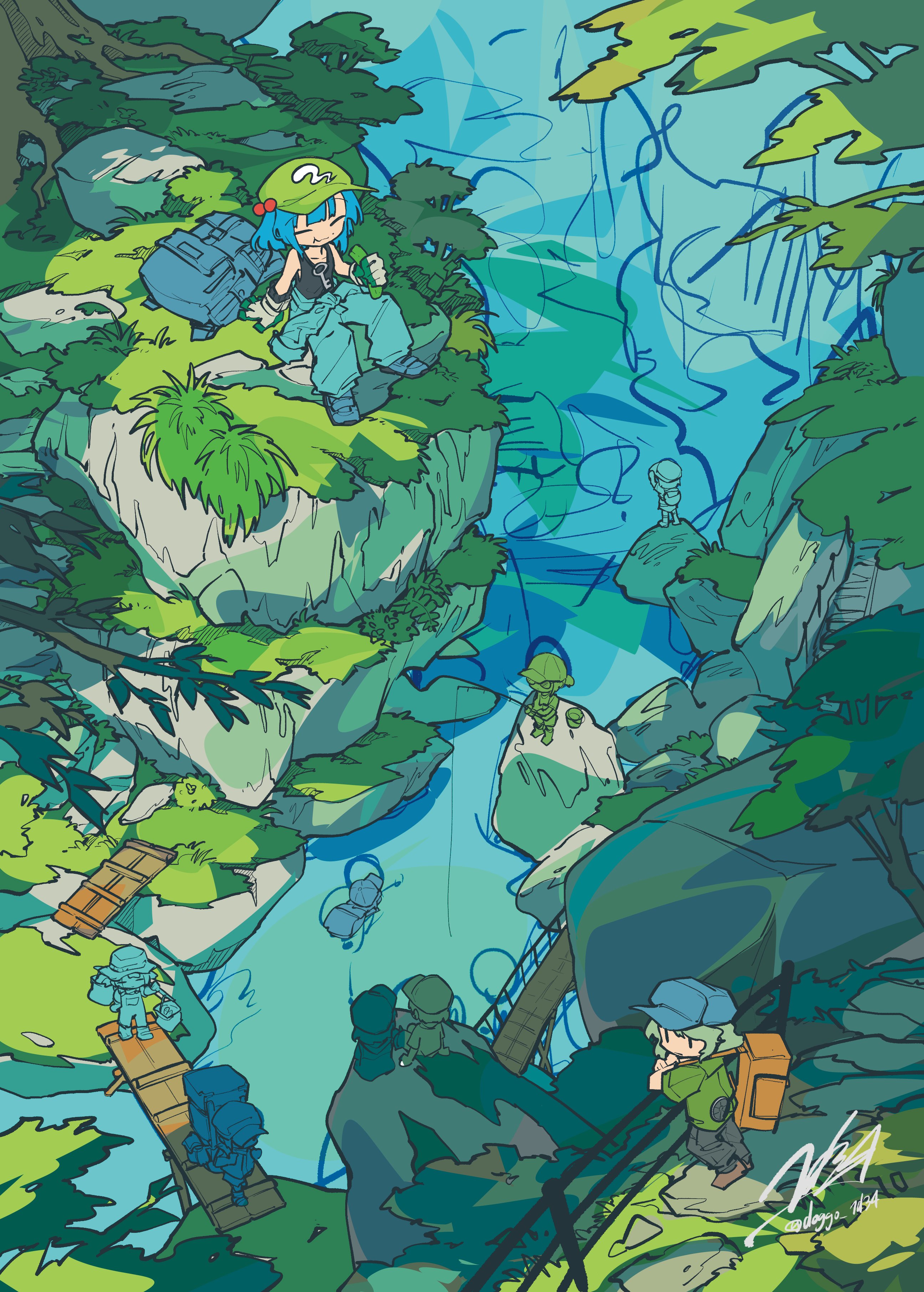 doggo 1d34, kappa mob (touhou), kawashiro nitori, yamashiro takane, touhou, absurdres, commentary request, highres, unfinished, 6+girls, alternate costume, backpack, bag, black pants, black tank top, blue bag, blue hair, blue hat, blue pants, blue shoes, cucumber, eating, fishing, fishing rod, gloves, green hair, green hat, green shirt, grey gloves, hair bobbles, hair ornament, hat, holding, holding fishing rod, jewelry, key, key necklace, multiple girls, necklace, outdoors, pants, shirt, shoes, signature, sitting, swimming, tank top, twitter username, two side up, water, waterfall