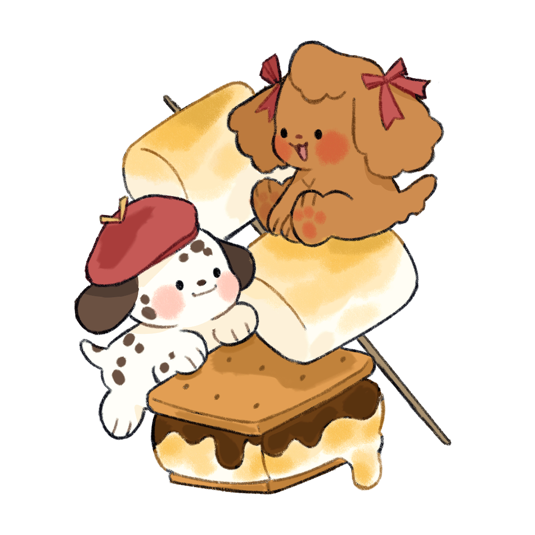 mjoyart, original, commentary, english commentary, animal, animal focus, beret, dalmatian, dog, food, graham cracker, hat, marshmallow, red ribbon, ribbon, roasted marshmallow, s'more, simple background, toothpick, undersized animal, white background