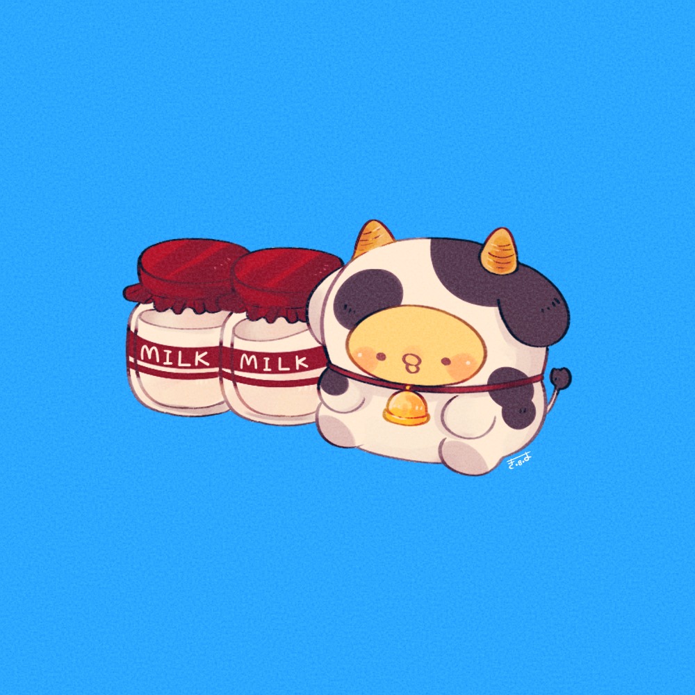 tenmiyakiyo, original, commentary, symbol-only commentary, animal, animal costume, animal focus, baby animal, bell, bird, blue background, chick, chicken, cow costume, jar, kimipiyo (tenmiyakiyo), milk, neck bell, no humans