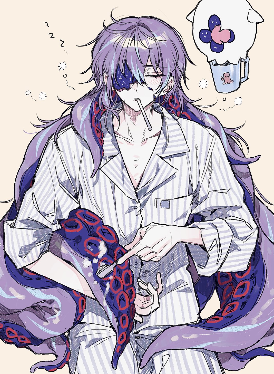 hoshirube sho, otomo (hoshirube sho), nijisanji, commentary, highres, symbol-only commentary, 1boy, blue hair, blush, breast pocket, closed eyes, collarbone, collared shirt, cracked skin, cup, hair between eyes, holding, holding toothbrush, hollow body, long hair, long sleeves, male focus, mug, multicolored hair, mummeo p, open mouth, pajamas, pants, pocket, purple hair, shirt, simple background, sitting, sleepy, sleeves rolled up, solo, squeans, streaked hair, striped clothes, striped pajamas, striped pants, striped shirt, suction cups, teeth, tentacle hair, tentacles, toothbrush, toothbrush in mouth, upper teeth only, vertical-striped clothes, vertical-striped pajamas, vertical-striped pants, vertical-striped shirt, virtual youtuber, white pajamas, white pants, white shirt, yellow background, zzz