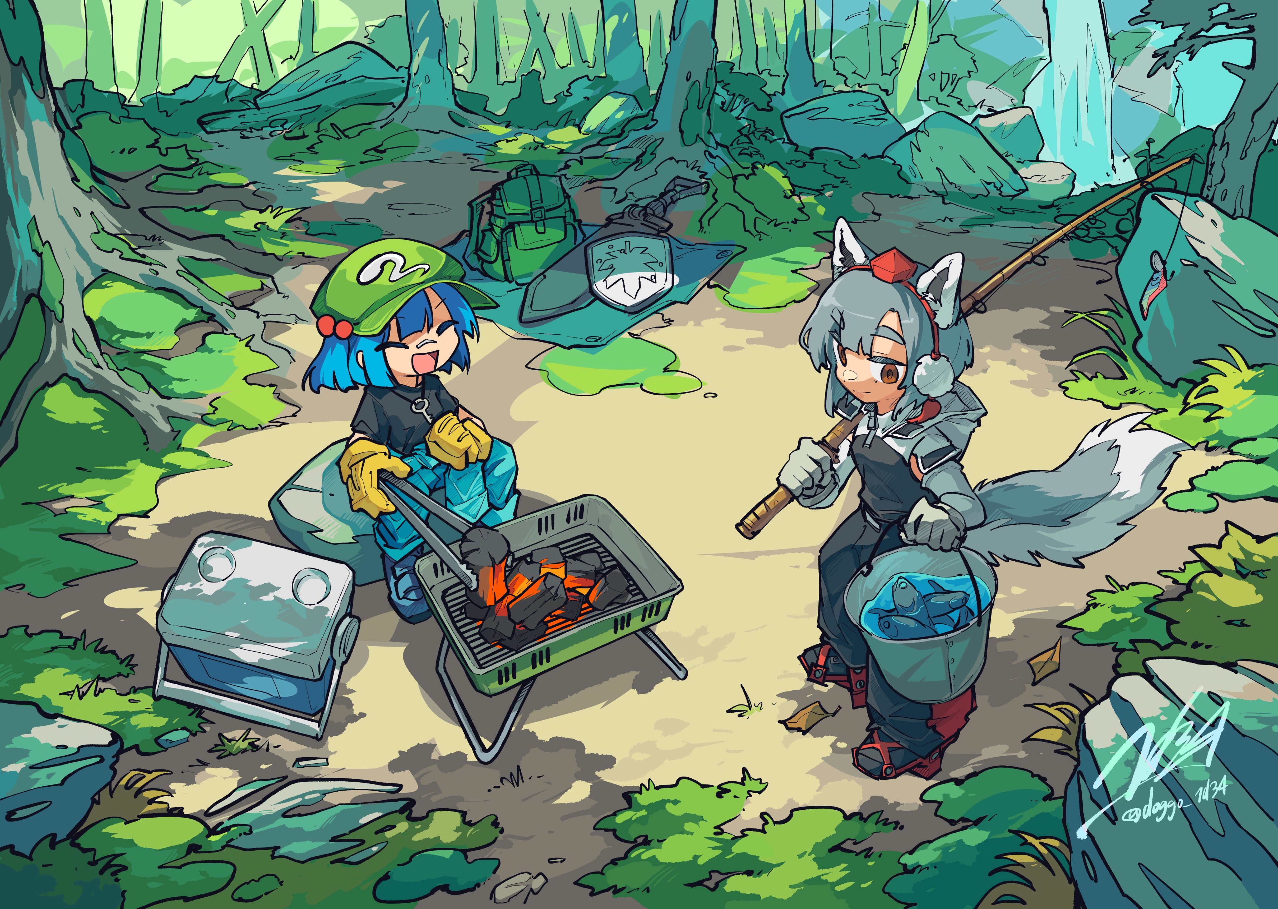 doggo 1d34, inubashiri momiji, kawashiro nitori, touhou, absurdres, commentary request, highres, 2girls, alternate costume, animal ears, bandaid, bandaid on face, bandaid on nose, black pants, black shirt, blue hair, blue pants, brown eyes, bucket, charcoal, closed eyes, closed mouth, cooler, fish, fishing rod, forest, geta, gloves, green bag, green hat, grey gloves, grey hair, grill, hair bobbles, hair ornament, hat, holding, holding bucket, holding fishing rod, holding tongs, jewelry, key, key necklace, multiple girls, nature, necklace, open mouth, outdoors, pants, red hat, red sandals, sandals, sheath, sheathed, shield, shirt, signature, smile, sword, tail, tengu-geta, tokin hat, tongs, tree, twitter username, weapon, wolf ears, wolf girl, wolf tail