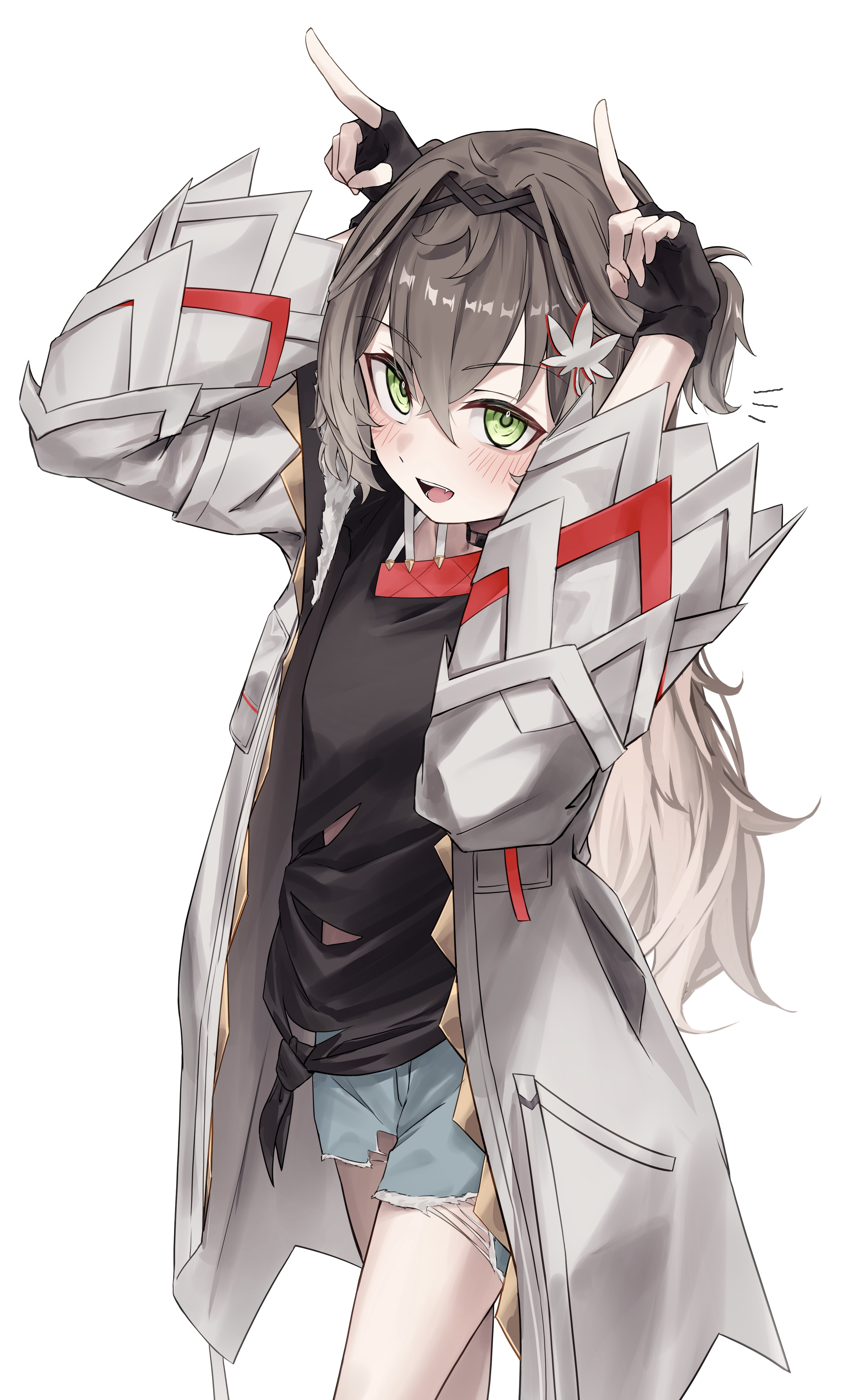 sakahana, tatsumaki chise, vspo!, absurdres, commentary request, highres, 1girl, :d, black gloves, black shirt, blue shorts, blush, breasts, brown hair, clothing cutout, coat, cowboy shot, crossed bangs, fang, fingerless gloves, gloves, gradient hair, green eyes, hands up, horns pose, long bangs, long hair, long sleeves, looking at viewer, maple leaf hair ornament, multicolored hair, open mouth, shirt, shorts, simple background, small breasts, smile, solo, torn clothes, torn shorts, virtual youtuber, white background, white coat