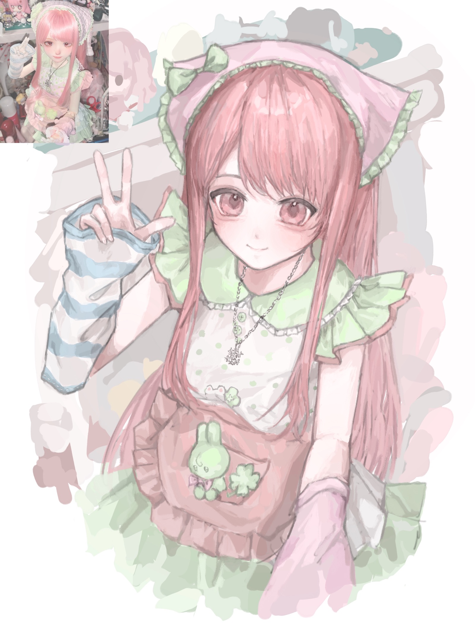 bloom poetry (shining nikki), nikki (nikki), nikki (series), shining nikki, chinese commentary, commentary request, highres, 1girl, aegyo sal, apron, arm warmers, bare shoulders, blouse, border, bow, character doll, closed mouth, clover, collared shirt, cropped legs, doll, dot nose, four-leaf clover, frilled apron, frilled headwear, frilled shirt, frilled shirt collar, frills, green bow, green skirt, happy, hat, hat bow, headscarf, indoors, light blush, long hair, long sidelocks, looking ahead, mismatched arm warmers, pink apron, pink arm warmers, pink eyes, pink headscarf, pleated skirt, pocket, polka dot, polka dot shirt, reference inset, shelf, shirt, shuimitaodamaichang, sidelocks, skirt, smile, snowflake necklace, solo, straight hair, striped arm warmers, stuffed animal, stuffed rabbit, stuffed toy, very long hair, waist apron, white arm warmers, white border, white shirt