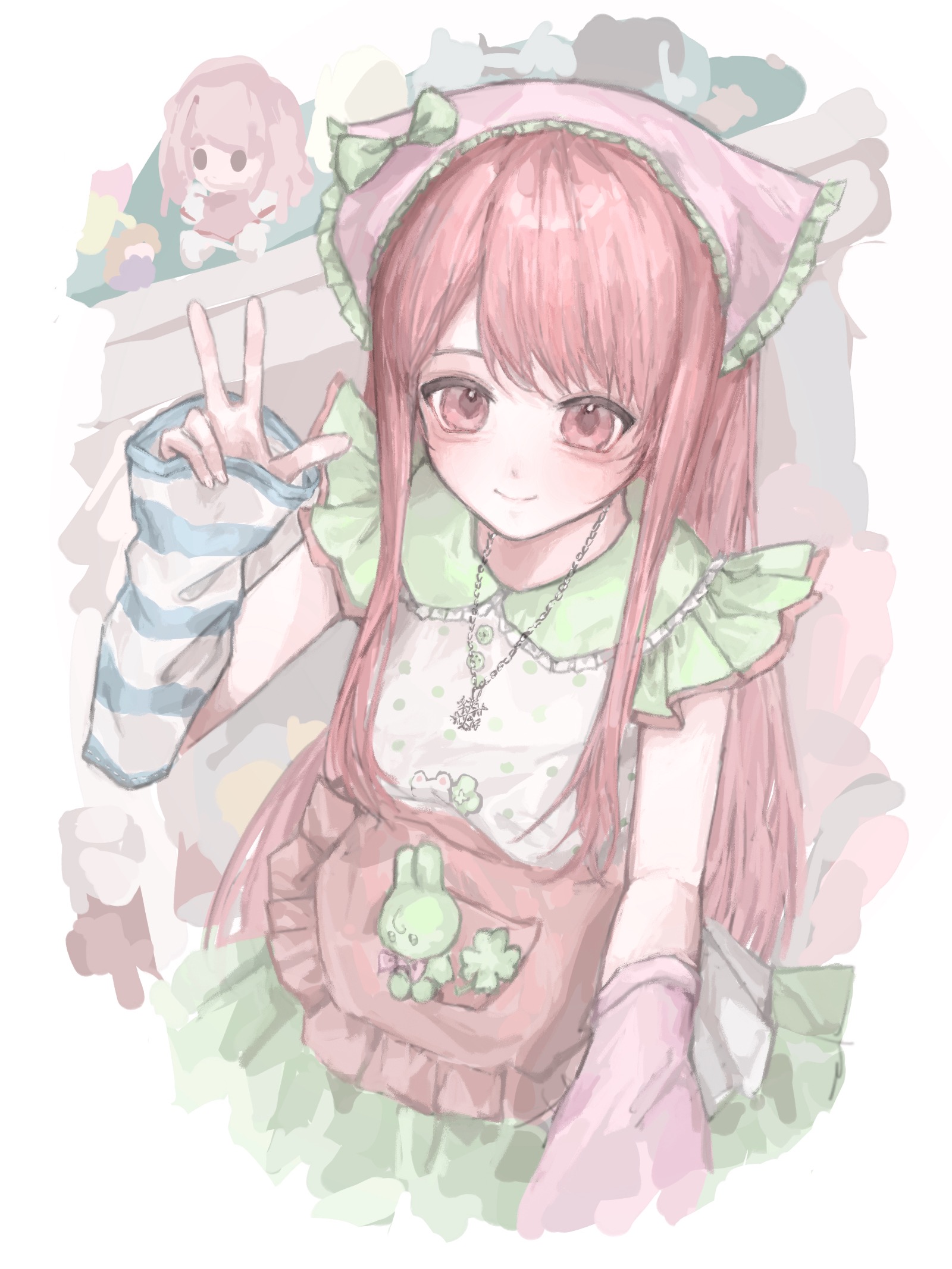 bloom poetry (shining nikki), nikki (nikki), nikki (series), shining nikki, chinese commentary, commentary request, highres, 1girl, aegyo sal, apron, arm warmers, bare shoulders, blouse, border, bow, character doll, closed mouth, clover, collared shirt, cropped legs, doll, dot nose, four-leaf clover, frilled apron, frilled headwear, frilled shirt, frilled shirt collar, frills, green bow, green skirt, happy, hat, hat bow, headscarf, indoors, light blush, long hair, long sidelocks, looking ahead, mismatched arm warmers, pink apron, pink arm warmers, pink eyes, pink headscarf, pleated skirt, pocket, polka dot, polka dot shirt, shelf, shirt, shuimitaodamaichang, sidelocks, skirt, smile, snowflake necklace, solo, straight hair, striped arm warmers, stuffed animal, stuffed rabbit, stuffed toy, very long hair, waist apron, white arm warmers, white border, white shirt