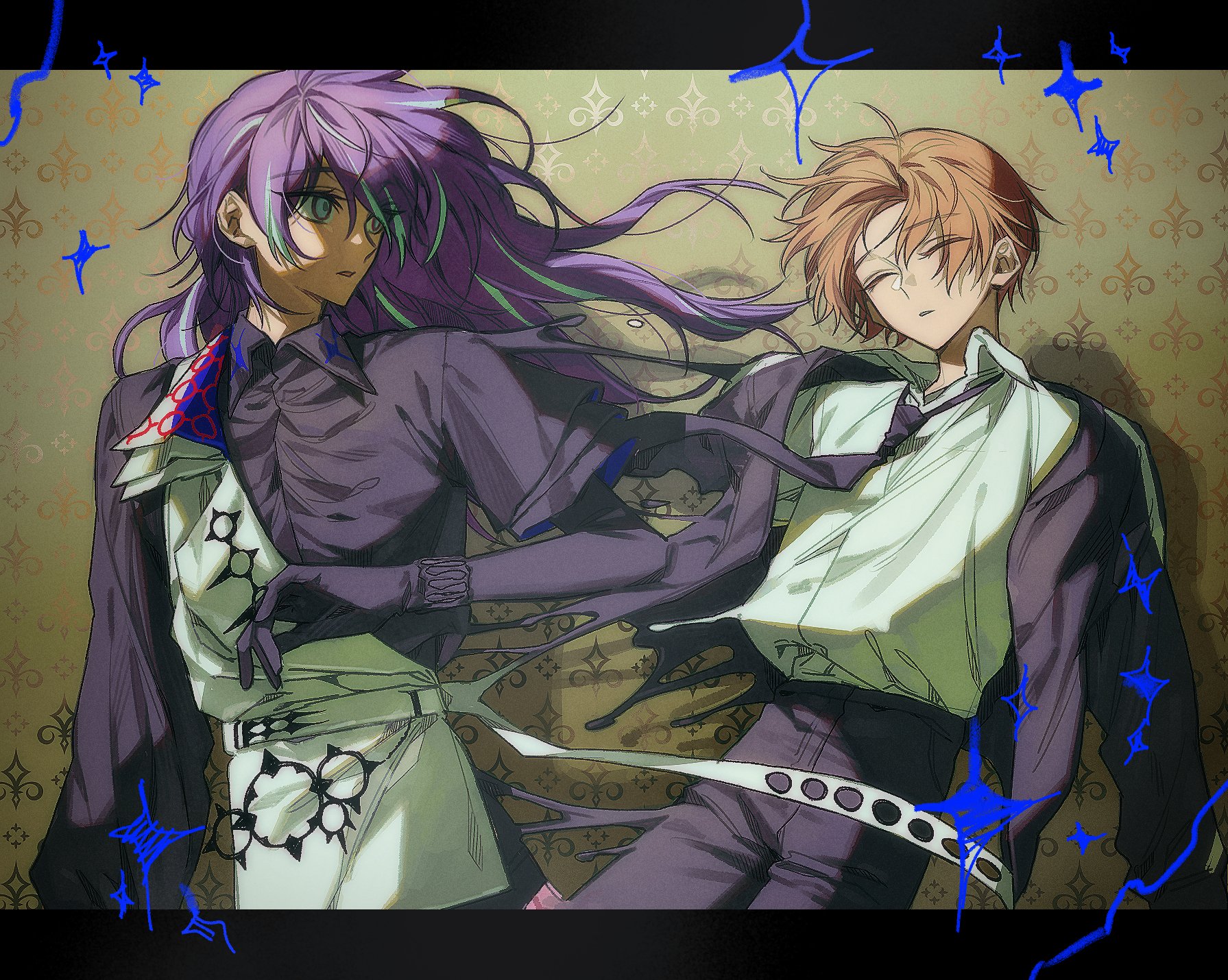 hoshirube sho, hoshirube sho (1st costume), nijisanji, virtual talent academy, highres, 2boys, belt, black gloves, black jacket, black necktie, black pants, black shirt, blue hair, brown hair, closed eyes, collared shirt, cowboy shot, dual persona, eyelashes, floating hair, gloves, grey hair, hair between eyes, jacket, letterboxed, long hair, long sleeves, looking at another, looking to the side, male focus, multicolored hair, multiple boys, mummeo p, necktie, open clothes, open jacket, pants, parted bangs, parted lips, purple hair, school uniform, shirt, shirt tucked in, short hair, sparkle, standing, streaked hair, vest, virtual talent academy school uniform, virtual youtuber, white belt, white shirt, white vest, wing collar