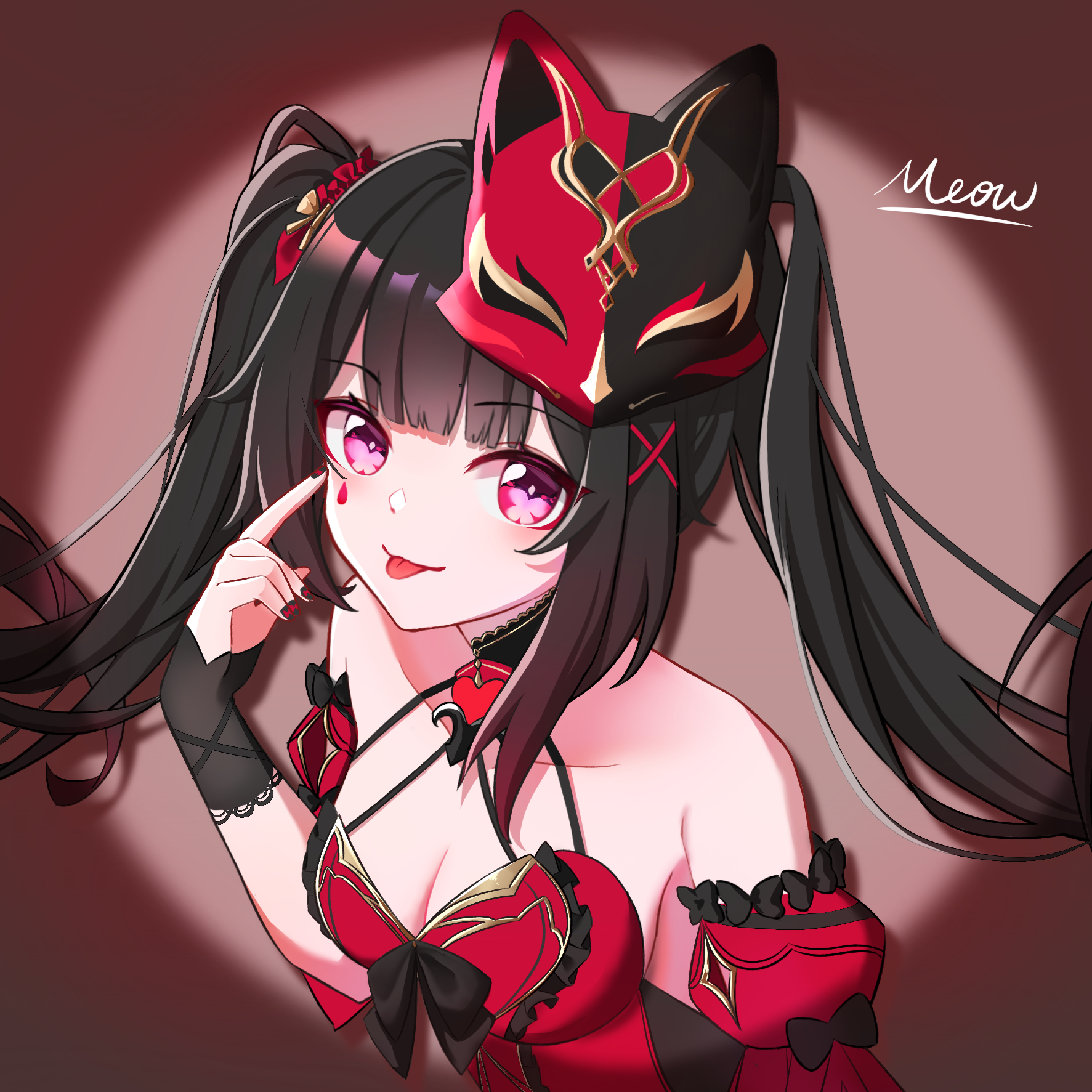 meow maolai, sparkle (fictitious game) (honkai: star rail), sparkle (honkai: star rail), honkai: star rail, honkai (series), honkai impact 3rd, chinese commentary, commentary request, highres, 1girl, artist name, bare shoulders, black hair, breasts, cleavage, dress, facial mark, fox mask, long hair, looking at viewer, mask, mask on head, medium breasts, official alternate costume, purple eyes, red dress, solo, spotlight, teardrop facial mark, tongue, tongue out, twintails, upper body