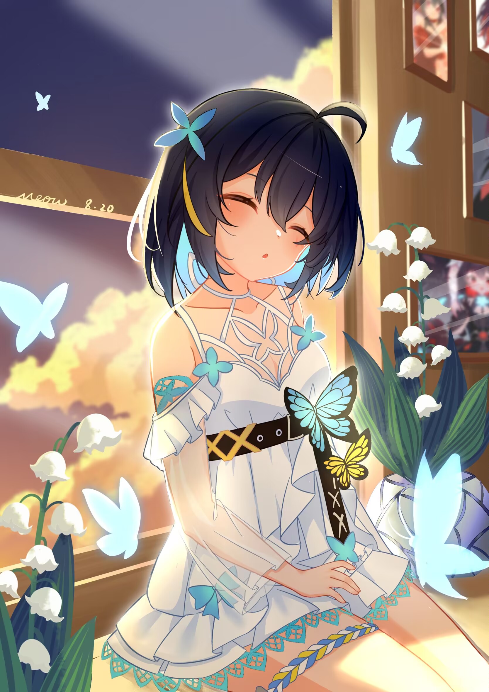meow maolai, seele (alter ego), seele (honkai: star rail), seele vollerei, honkai (series), honkai impact 3rd, chinese commentary, commentary request, highres, 1girl, ahoge, aqua hair, artist name, blue hair, breasts, bug, butterfly, closed eyes, dated, dress, flower, hair flower, hair ornament, indoors, insect, multicolored hair, portrait (object), short hair, sleeping, small breasts, solo, thighs, tulip, two-tone hair, white dress, white flower, white tulip, window