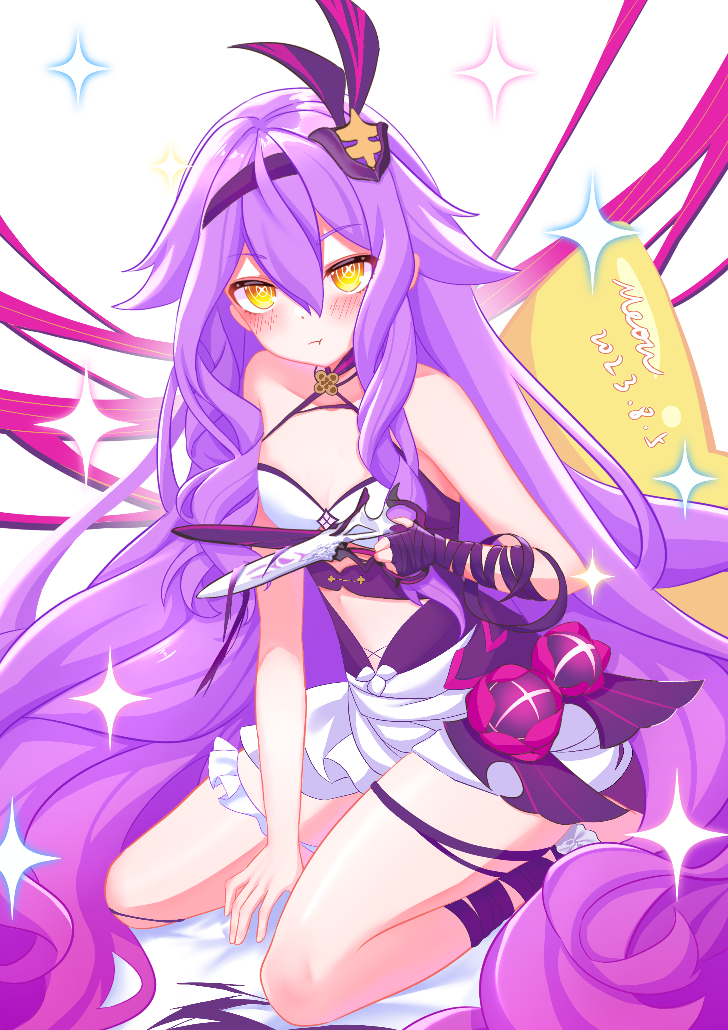 meow maolai, sirin, sirin (miracle magical girl), honkai (series), honkai impact 3rd, absurdres, chinese commentary, commentary request, highres, 1girl, artist name, bare shoulders, blush, breasts, dated, dress, gloves, hairband, holding, holding scissors, long hair, looking at viewer, magical girl, purple dress, purple gloves, purple hair, purple hairband, scissors, seiza, single glove, sitting, small breasts, solo, thighs, very long hair, white background, yellow eyes