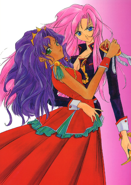 himemiya anthy, tenjou utena, shoujo kakumei utena, uniform, 1990s (style), 2girls, bindi, blue eyes, breasts, cleavage, crown, dark-skinned female, dark skin, dress, earrings, epaulettes, green eyes, hug, jewelry, long hair, multiple girls, pink hair, purple hair, red dress, sword, tassel, wavy hair, weapon, yuri