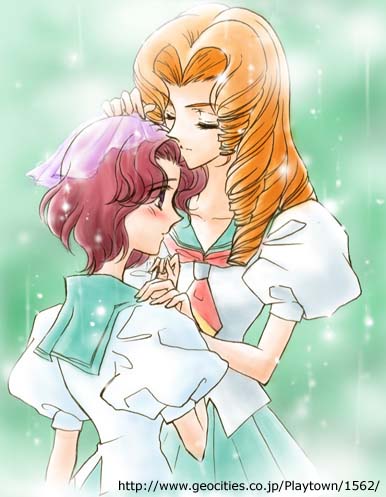 shinoda masaki, arisugawa juri, takatsuki shiori, shoujo kakumei utena, lowres, 1990s (style), 2girls, blush, curly hair, green eyes, kiss, kissing forehead, multiple girls, orange hair, purple hair, retro artstyle, school uniform, veil, yuri
