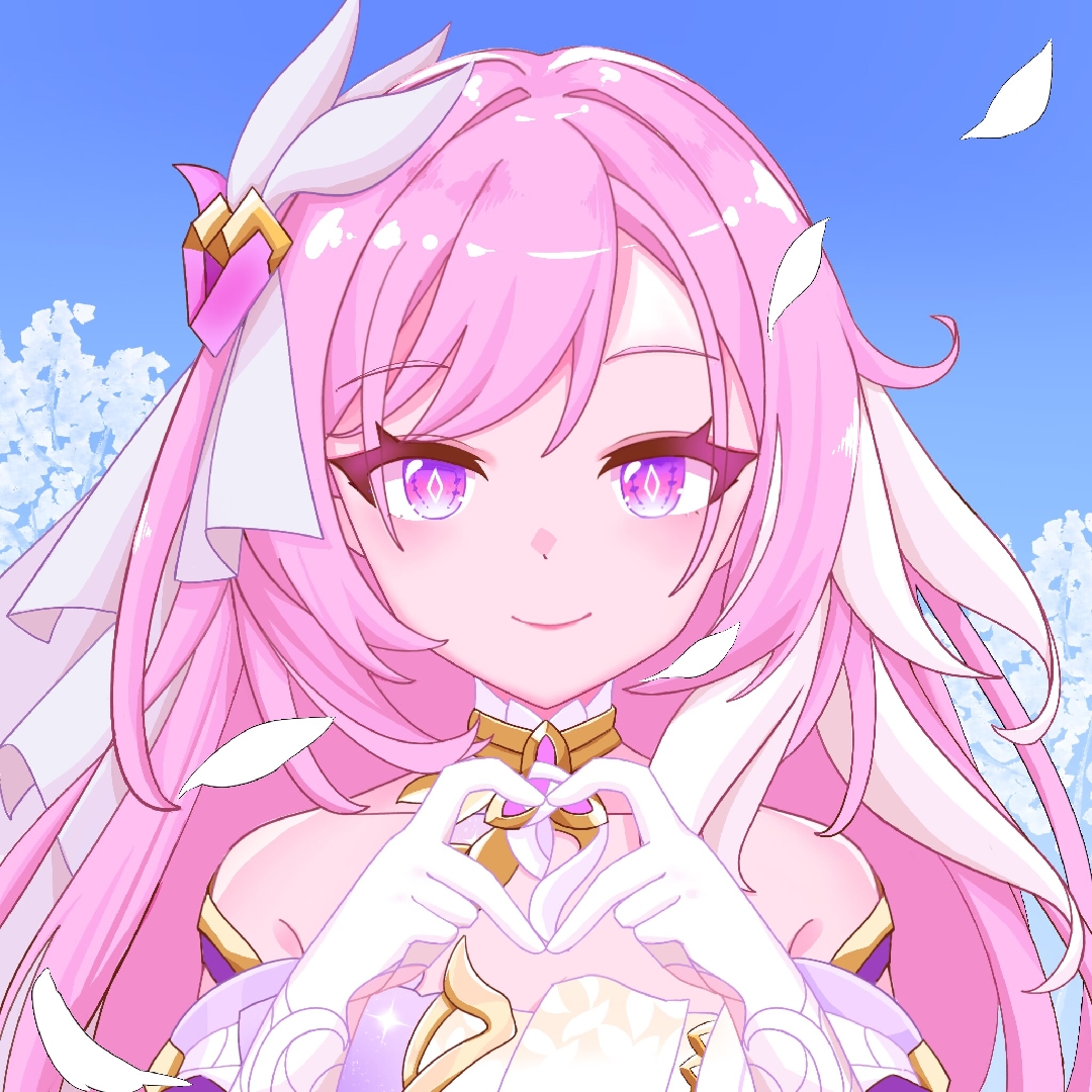 meow maolai, elysia (herrscher of human: ego) (honkai impact), elysia (honkai impact), honkai (series), honkai impact 3rd, chinese commentary, commentary request, variant set, 1girl, bare shoulders, blue sky, breasts, corset, diamond-shaped pupils, diamond (shape), falling petals, flower, four-finger heart hands, gloves, heart, heart hands, large breasts, long hair, looking at viewer, multicolored hair, petals, pink hair, purple eyes, sky, smile, solo, symbol-shaped pupils, triquetra, two-tone hair, upper body, veil, very long hair, white corset, white flower, white gloves, white hair, white petals, white veil