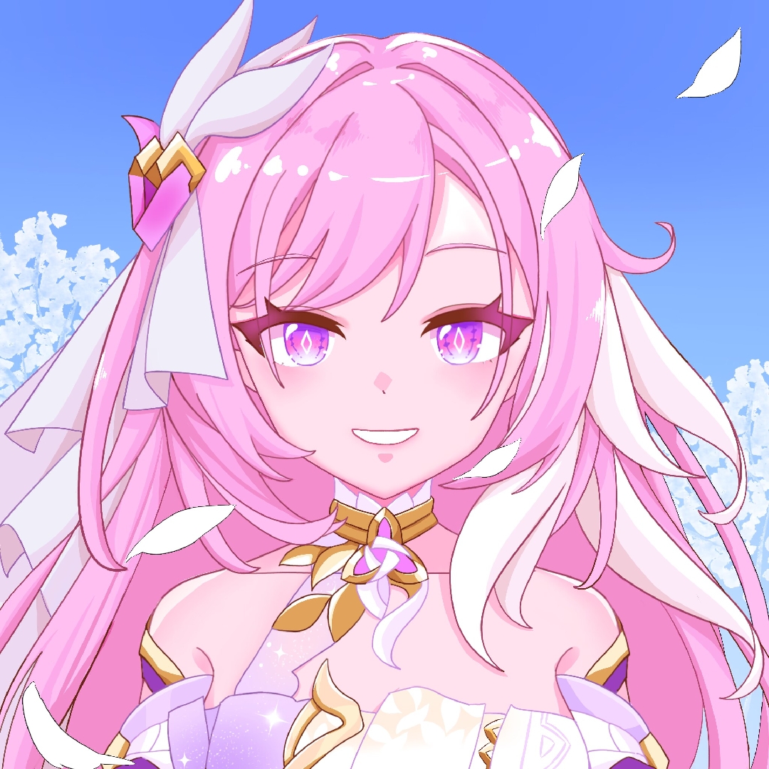 meow maolai, elysia (herrscher of human: ego) (honkai impact), elysia (honkai impact), honkai (series), honkai impact 3rd, chinese commentary, commentary request, variant set, 1girl, bare shoulders, blue sky, breasts, corset, diamond-shaped pupils, diamond (shape), falling petals, flower, large breasts, long hair, looking at viewer, multicolored hair, parted lips, petals, pink hair, purple eyes, sky, smile, solo, symbol-shaped pupils, triquetra, two-tone hair, upper body, veil, very long hair, white corset, white flower, white hair, white petals, white veil