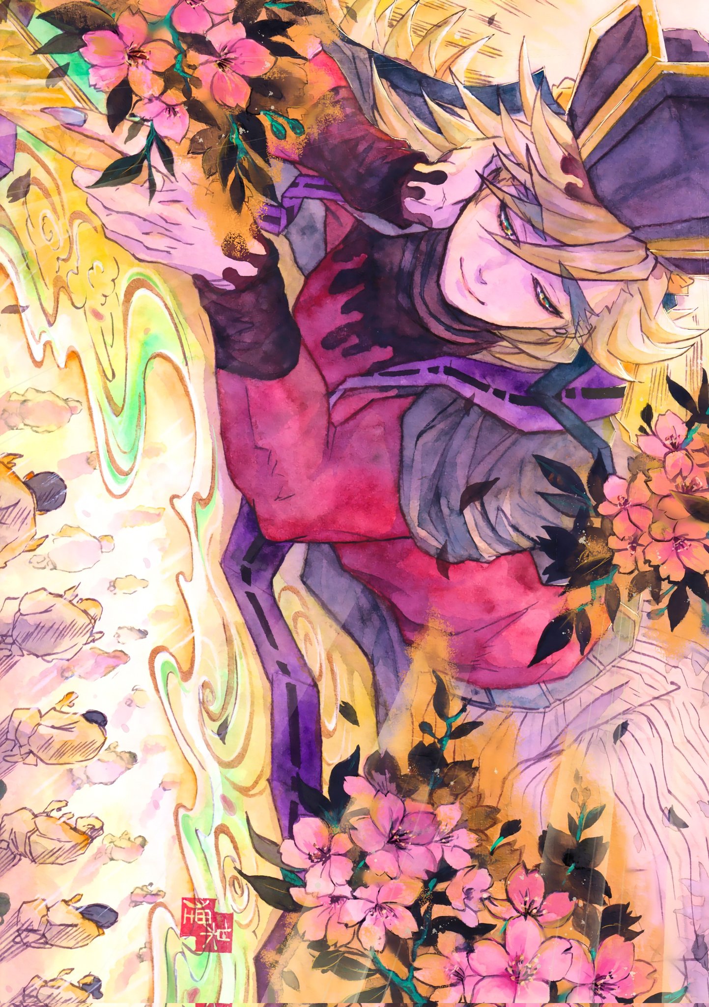 cpctbepfk4l2gax, douma (kimetsu no yaiba), kimetsu no yaiba, commentary request, highres, 1boy, blonde hair, hair between eyes, long hair, lying, male focus, on side, patterned hair, red shirt, shirt, smile, solo, tight clothes, tight shirt