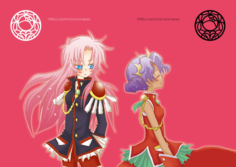 himemiya anthy, tenjou utena, shoujo kakumei utena, uniform, 1990s (style), 2girls, aiguillette, blue eyes, chibi, copyright name, crown, dark-skinned female, dark skin, dress, earrings, epaulettes, flower, glasses, green eyes, jewelry, long hair, multiple girls, pink background, pink hair, purple hair, red dress, tassel