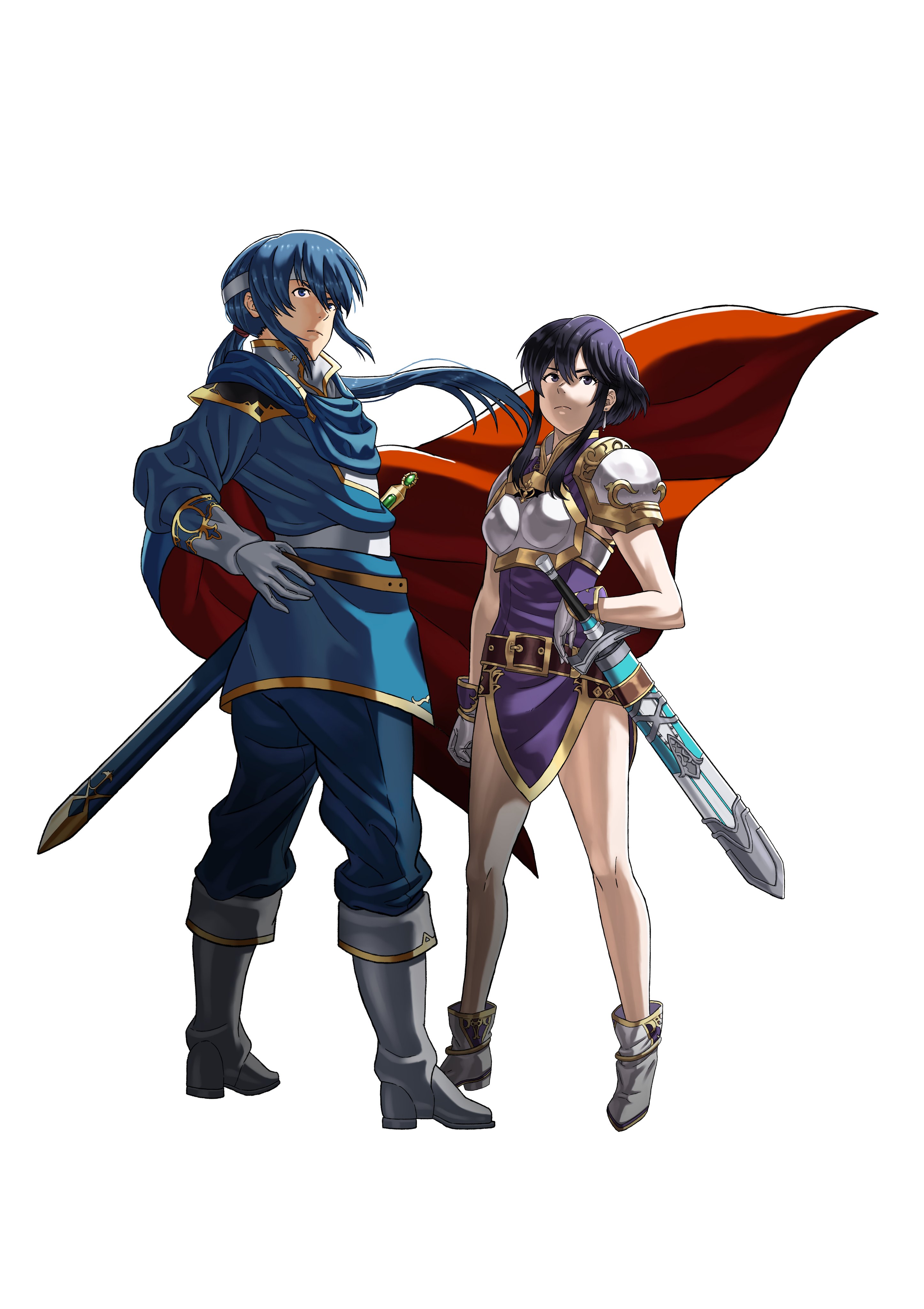 peacefulandflat, larcei (fire emblem), seliph (fire emblem), fire emblem, fire emblem: genealogy of the holy war, nintendo, absurdres, commentary, commission, commissioner upload, english commentary, highres, 1boy, 1girl, armor, bare legs, belt, black hair, blue cape, blue hair, boots, breastplate, cape, coat, earrings, gloves, hand on hilt, hand on own hip, headband, jewelry, kozaki yuusuke (style), looking afar, looking ahead, looking back, pants, ponytail, popped collar, purple tunic, sheath, sheathed, short hair, shoulder armor, sidelocks, skirt, sleeveless, standing, sword, tomboy, tunic, two-sided cape, two-sided fabric, weapon, white background, white headband