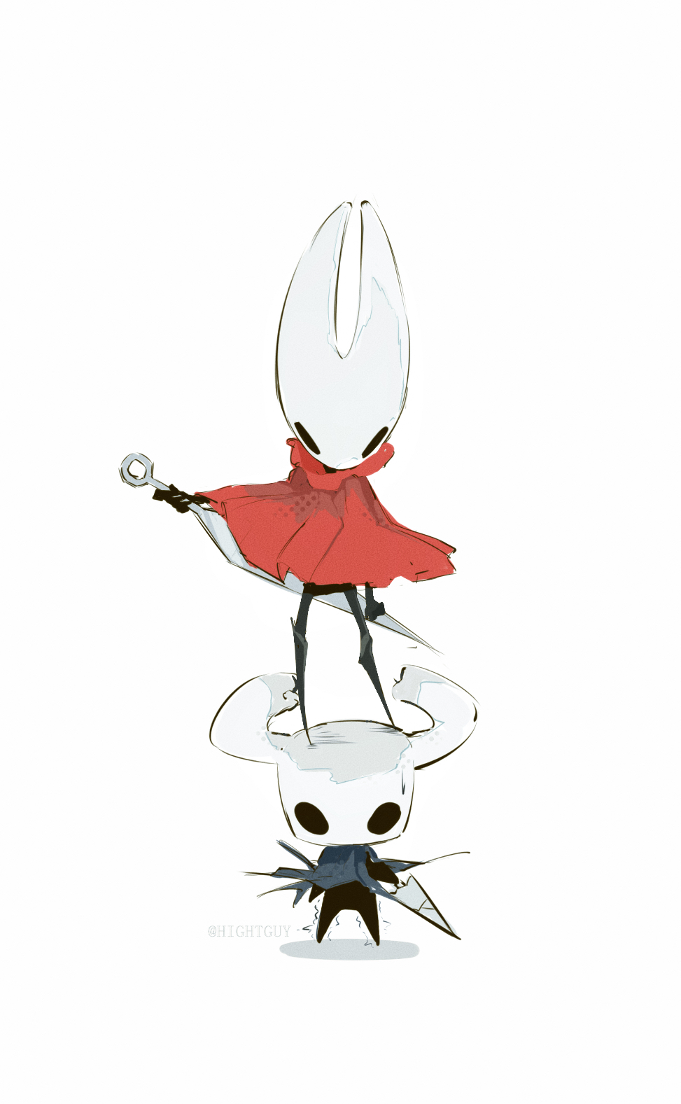 hightguy, hornet (hollow knight), knight (hollow knight), hollow knight, chinese commentary, commentary request, highres, 1girl, 1other, arthropod girl, artist name, black eyes, cloak, film grain, full body, grey cloak, half-siblings, halftone, holding, holding weapon, horns, motion lines, nail (hollow knight), needle (hollow knight), red cloak, shadow, simple background, small sweatdrop, standing, standing on another's head, straight-on, trembling, weapon, white background