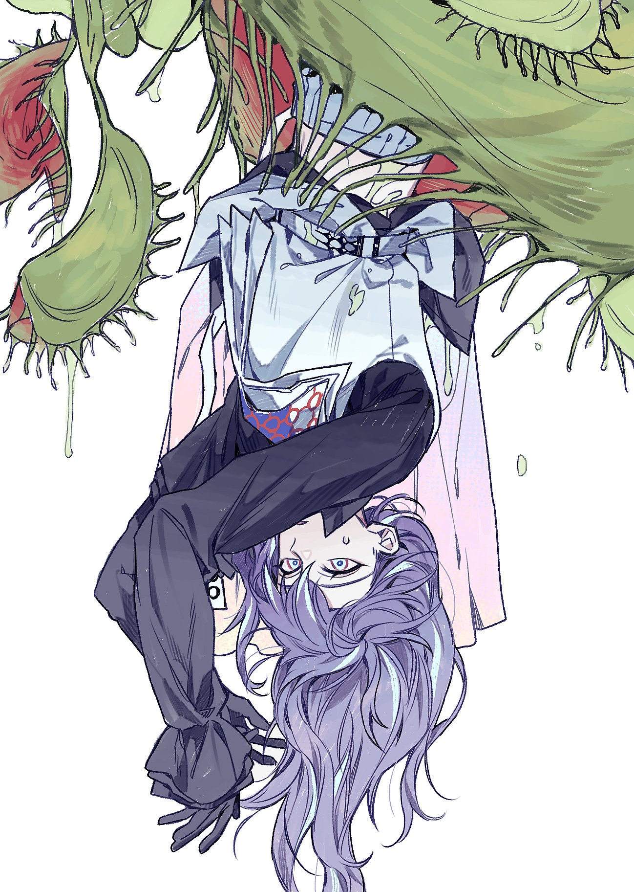 hoshirube sho, hoshirube sho (1st costume), nijisanji, commentary request, highres, korean commentary, 1boy, belt, black gloves, black shirt, blue hair, collared shirt, gloves, grey eyes, hair between eyes, iridescent clothes, long hair, long sleeves, male focus, multicolored hair, mummeo p, parted lips, plant, pleated skirt, purple hair, shirt, simple background, skirt, solo, streaked hair, sweatdrop, upside-down, venus flytrap, vest, virtual youtuber, white background, white belt, white vest