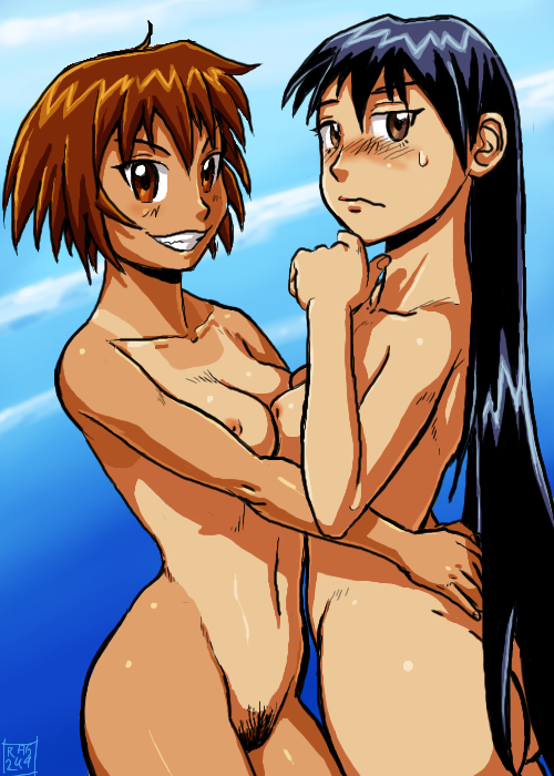 ragathol, kagura (azumanga daioh), sakaki (azumanga daioh), azumanga daiou, 2girls, breasts, multiple girls, nude, pubic hair, tan, tanline, uncensored