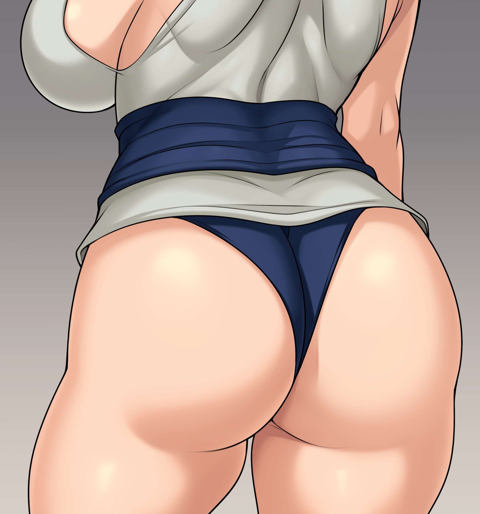 jmg, tsunade (naruto), naruto (series), bilingual commentary, commentary, highres, mixed-language commentary, 1girl, ass, ass focus, blue panties, blue sash, breasts, from behind, gradient background, grey background, huge breasts, japanese clothes, panties, sash, solo, underwear