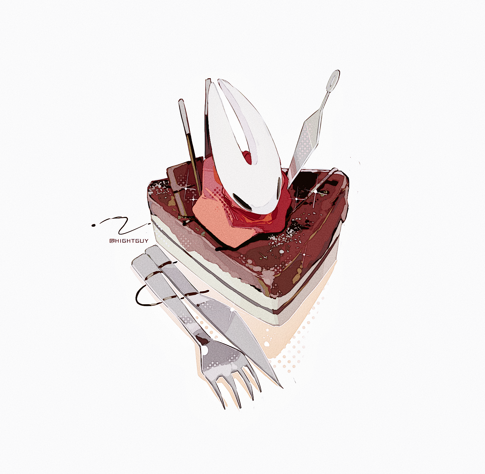 hightguy, hornet (hollow knight), hollow knight, chinese commentary, commentary request, highres, 1girl, arthropod girl, artist name, cake, cake slice, chocolate cake, chocolate syrup, cloak, film grain, food, fork, from above, full body, halftone, halftone background, hollow eyes, horns, knife, needle (hollow knight), on food, red cloak, simple background, solo, sparkle, weapon, white background