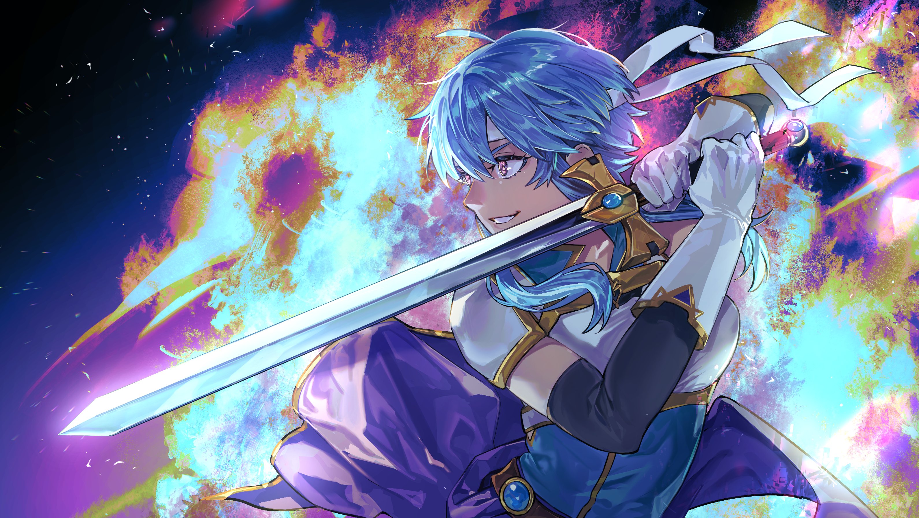 selia (mrtalkingdino), fire emblem, fire emblem: genealogy of the holy war, nintendo, original, commentary, commission, commissioner upload, english commentary, highres, skeb commission, 1girl, ahoge, armor, belt, blue hair, blue tunic, breastplate, brooch, determined, elbow gloves, gloves, headband, holding, holding sword, holding weapon, jewelry, l603201, looking ahead, night, popped collar, purple eyes, sash, shoulder armor, sidelocks, sky, sleeveless, smile, solo, star (sky), starry sky, sword, tomboy, tunic, weapon, white headband