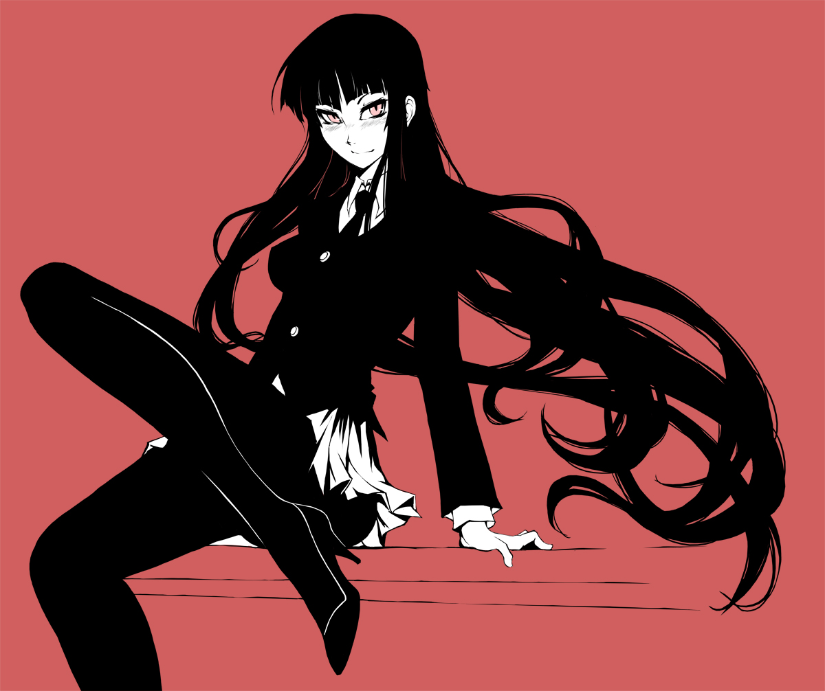 eu03, female protagonist (houkago play), houkago play, 1girl, blush, female focus, high heels, hime cut, long hair, monochrome, necktie, pantyhose, school uniform, shoes, sitting, skirt, smile, smirk, solo, spot color, very long hair