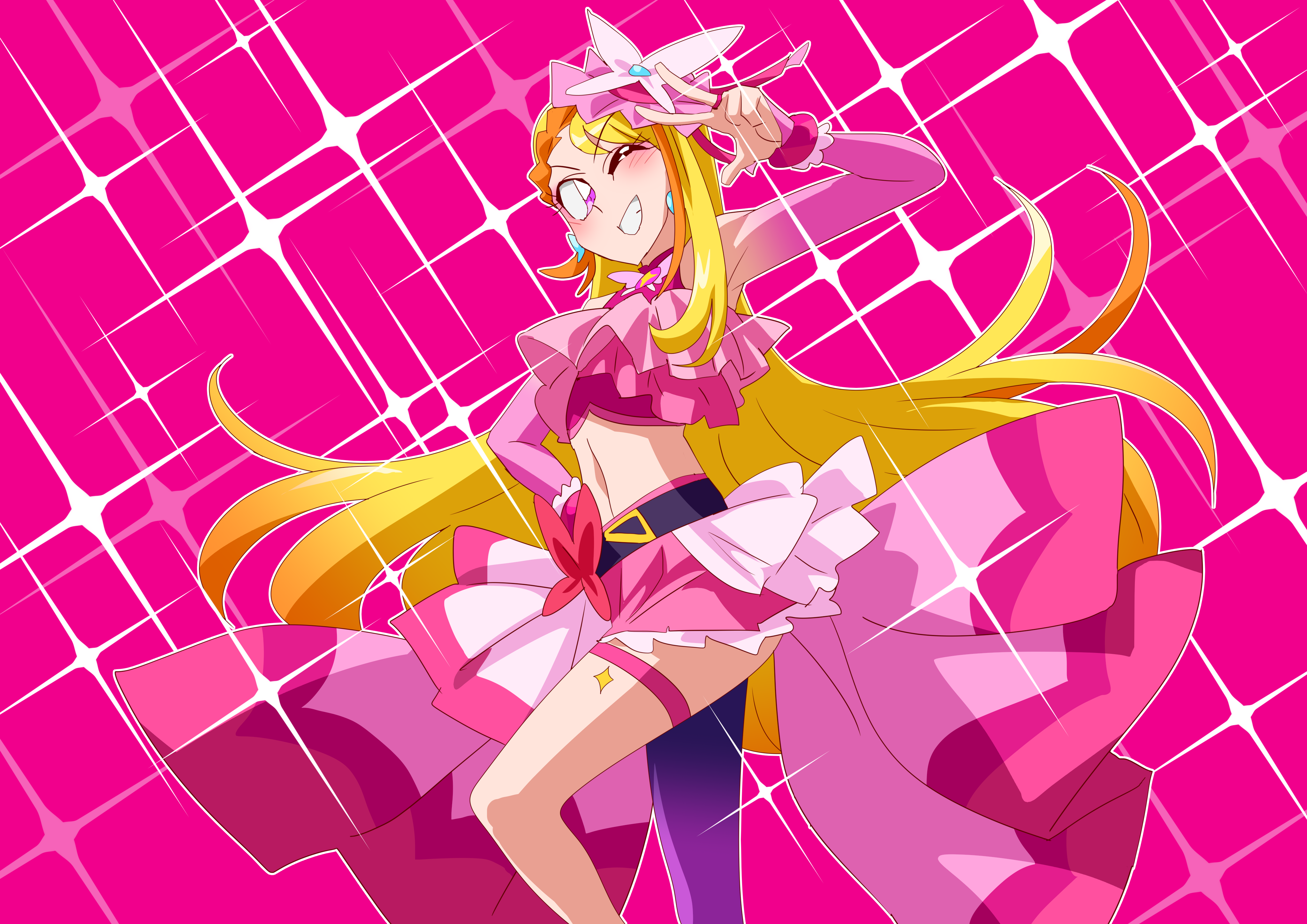otokamu, cure butterfly, hijiri ageha, hirogaru sky! precure, precure, absurdres, commentary, highres, 1girl, belt, black belt, blonde hair, bow, braid, braided bangs, bridal gauntlets, brooch, butterfly hat ornament, cropped shirt, earrings, elbow gloves, frilled shirt, frills, gloves, grin, hand on own hip, hat, hat ornament, jewelry, knee up, long hair, looking at viewer, magical girl, microskirt, midriff, mob cap, multicolored hair, navel, one eye closed, orange hair, outline, pantyhose, pink background, pink gloves, pink hat, pink shirt, pink skirt, pleated skirt, purple eyes, purple pantyhose, red bow, shirt, showgirl skirt, simple background, single leg pantyhose, skirt, skirt bow, sleeveless, sleeveless shirt, smile, solo, sparkle, standing, thigh strap, tilted headwear, two-tone hair, very long hair, w, white outline, wing brooch